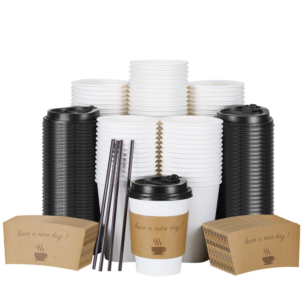 BYSNOW 100 pack 12 oz Disposable Thickened Coffee Cups with Lids, Scald Resistant Hot Cup with Sleeve and Straw, To Go Coffee Cups for Home, Office, Cafes and Party (White 12oz)