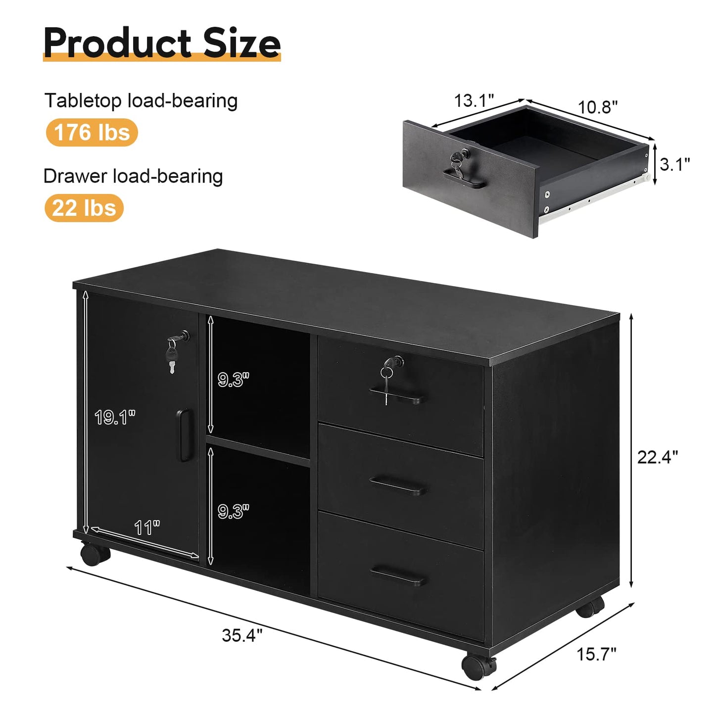 TUKAILAi Mobile File Cabinet with 3 Drawers & 1 Door, Lateral Printer Stand with Open Storage Shelf, Rolling Filing Cabinet with 4 Wheels, Wooden Stationery Organization Unit for Home Office (Black)