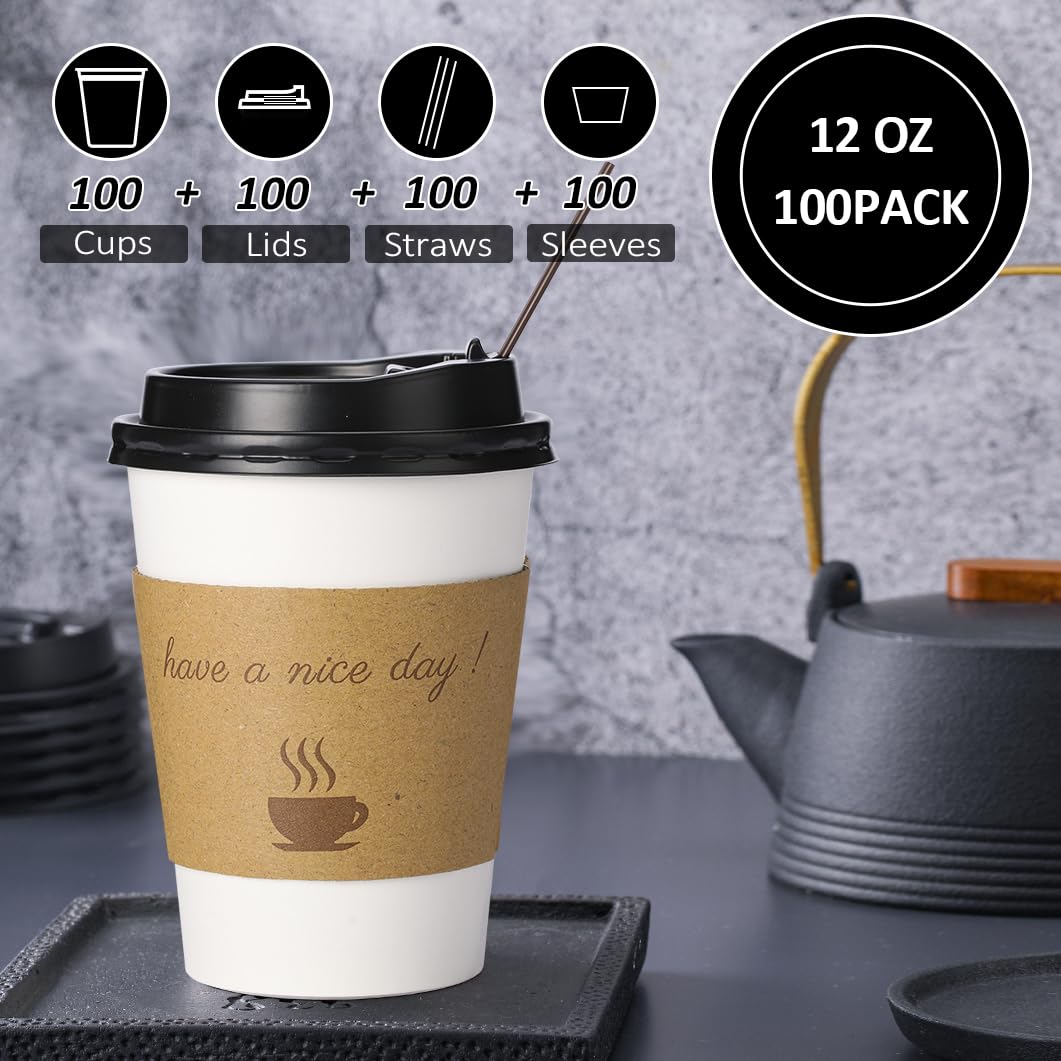 BYSNOW 100 pack 12 oz Disposable Thickened Coffee Cups with Lids, Scald Resistant Hot Cup with Sleeve and Straw, To Go Coffee Cups for Home, Office, Cafes and Party (White 12oz)