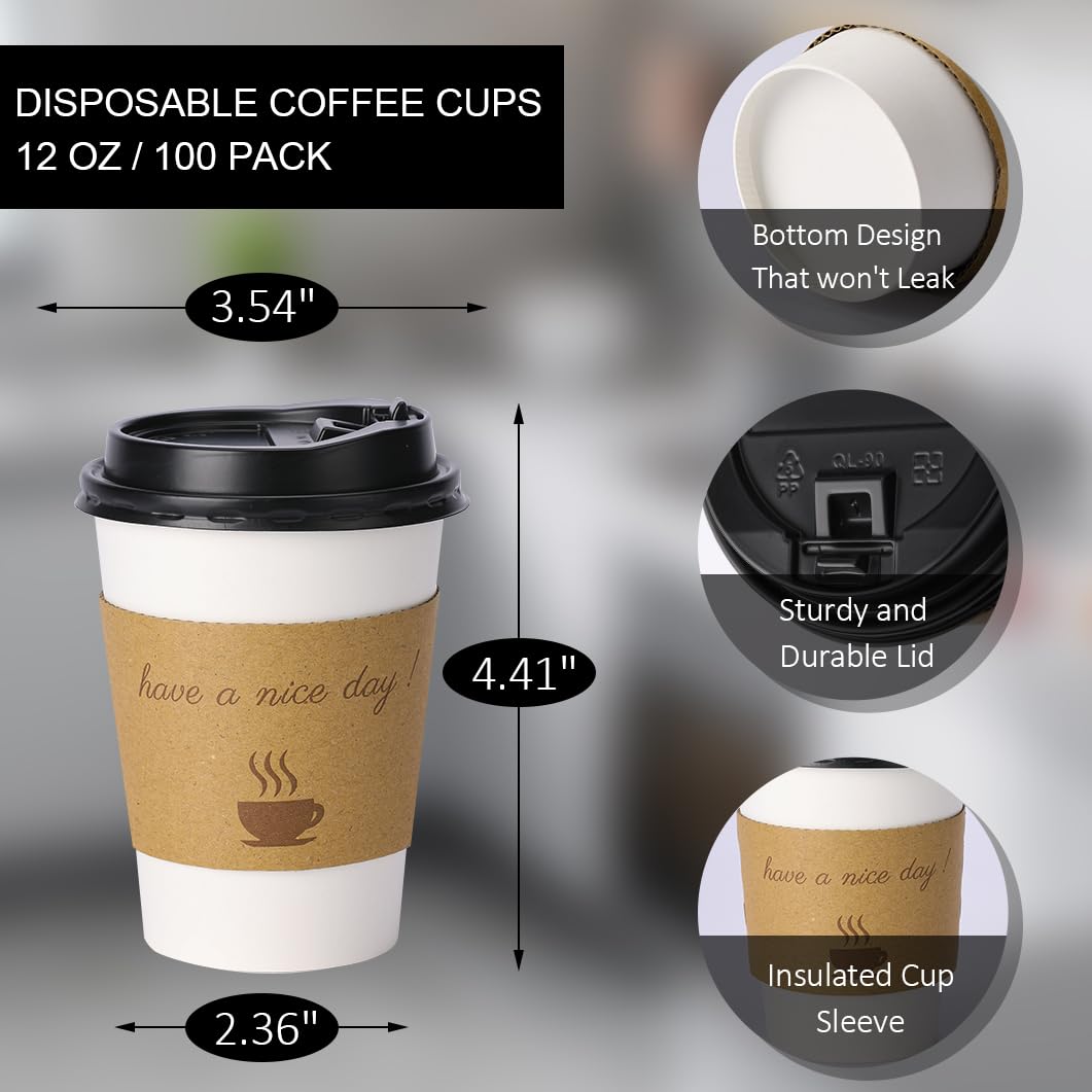 BYSNOW 100 pack 12 oz Disposable Thickened Coffee Cups with Lids, Scald Resistant Hot Cup with Sleeve and Straw, To Go Coffee Cups for Home, Office, Cafes and Party (White 12oz)