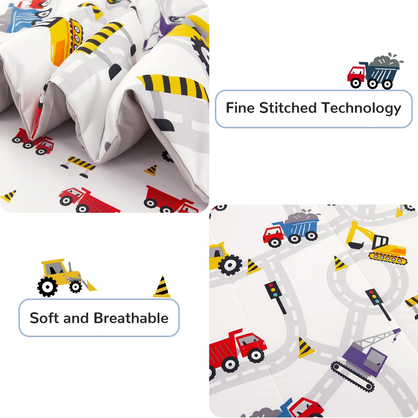 Viviland Twin Comforter Set for Boys - Kids Brushed Microfiber Twin Bedding Set - 5 Pieces Machine Washable Bed in A Bag with Soft Comforters, Sheet Set, Shams - Excavator Car Truck Printed