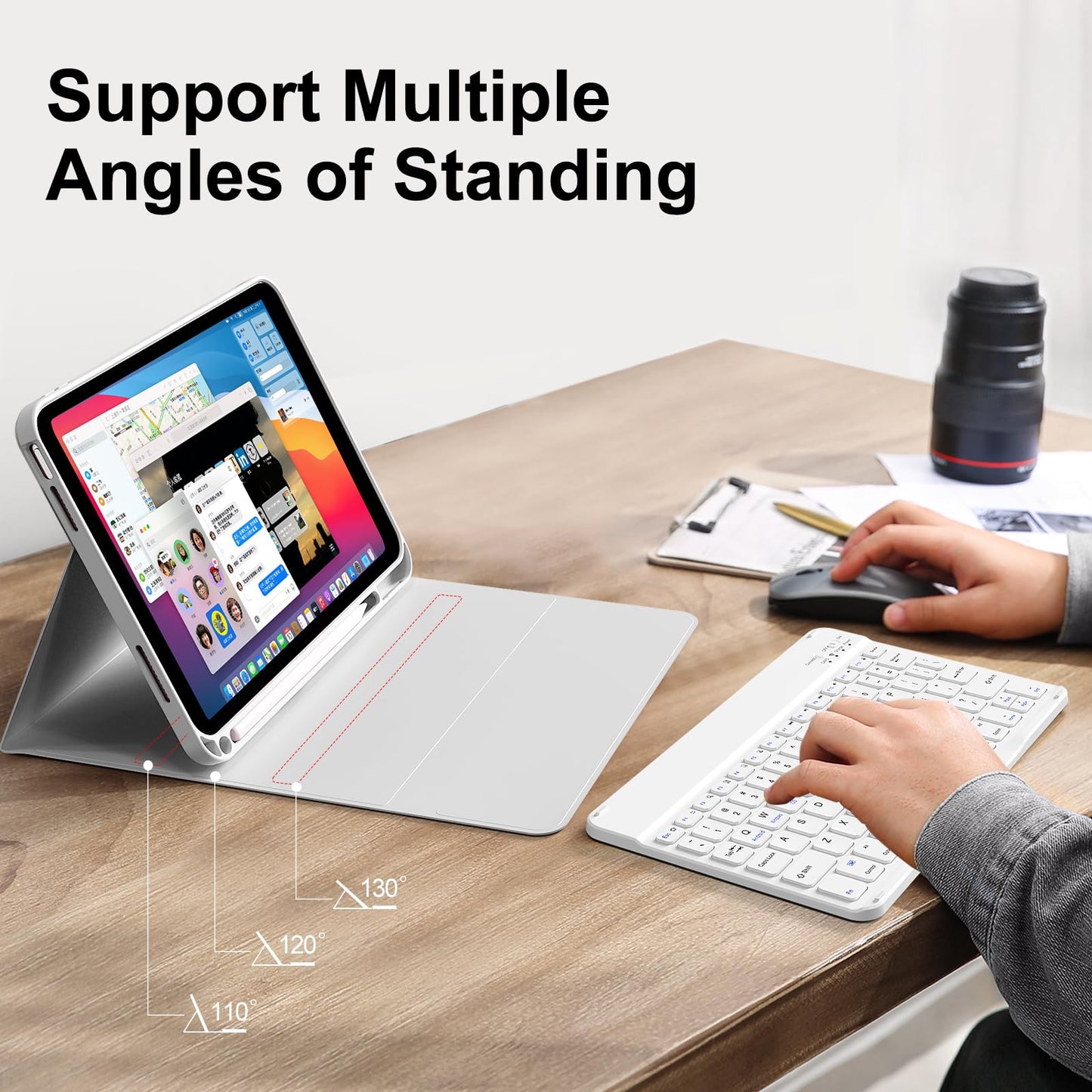 kenke for iPad 11/10th Gen Case with Keyboard 11/10.9 inch 2025 A16/2022, Detachable Wireless Bluetooth Keyboard Case Thin & Light with Built-in Left Side Pencil Holder, White Square Keycaps (Gray)