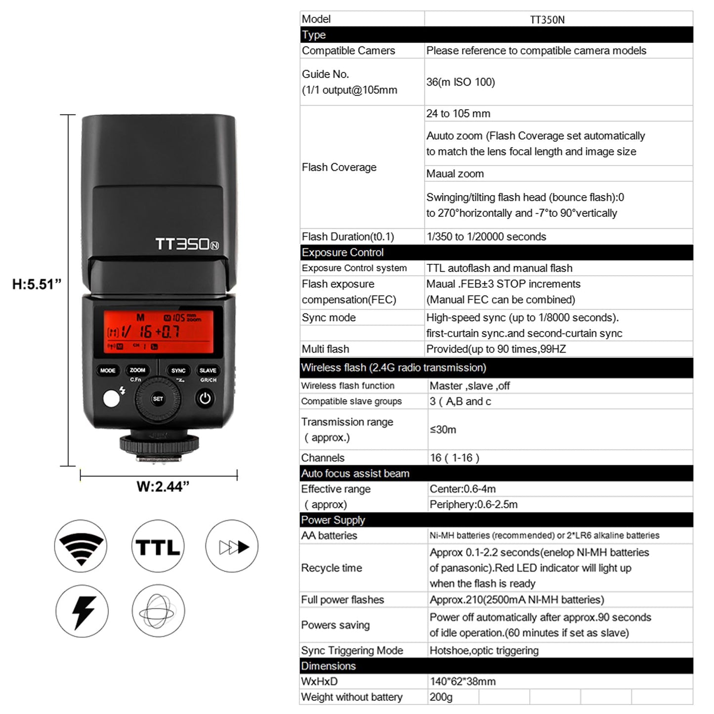 GODOX TT350N Flash for Nikon Camera, 2.4G Wireless TTL Flash 1/8000s HSS Speedlight, GN36 Mini Flash Speedlite Compatible for Nikon Camera