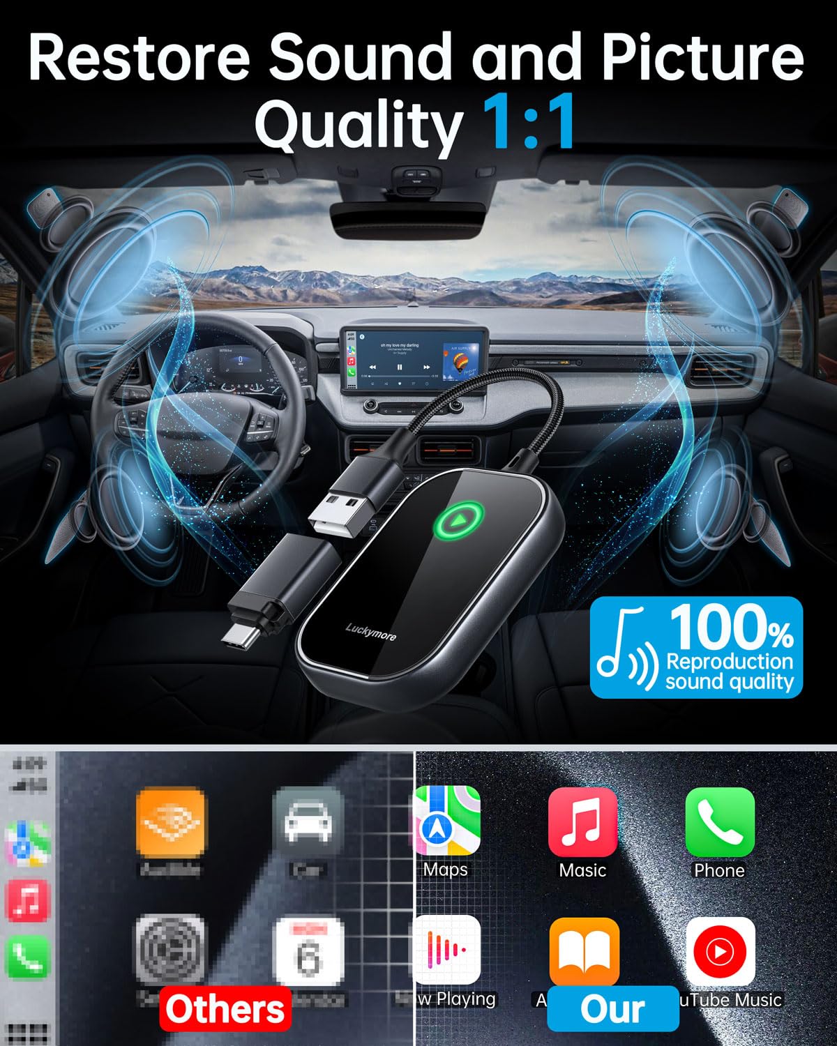 Wireless Carplay Adapter, Converts Wired to Wireless Carplay Dongle for Wireless Control Plug & Play Carplay Fit for Cars from 2017 & for Apple iPhone iOS 10+ Black
