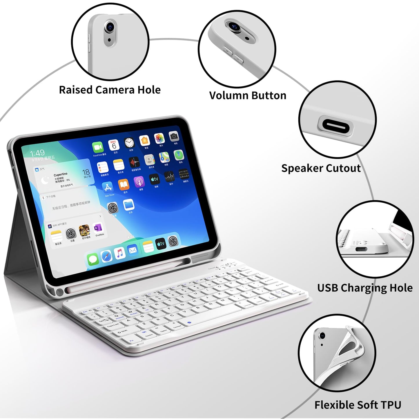 kenke for iPad 11/10th Gen Case with Keyboard 11/10.9 inch 2025 A16/2022, Detachable Wireless Bluetooth Keyboard Case Thin & Light with Built-in Left Side Pencil Holder, White Square Keycaps (Gray)