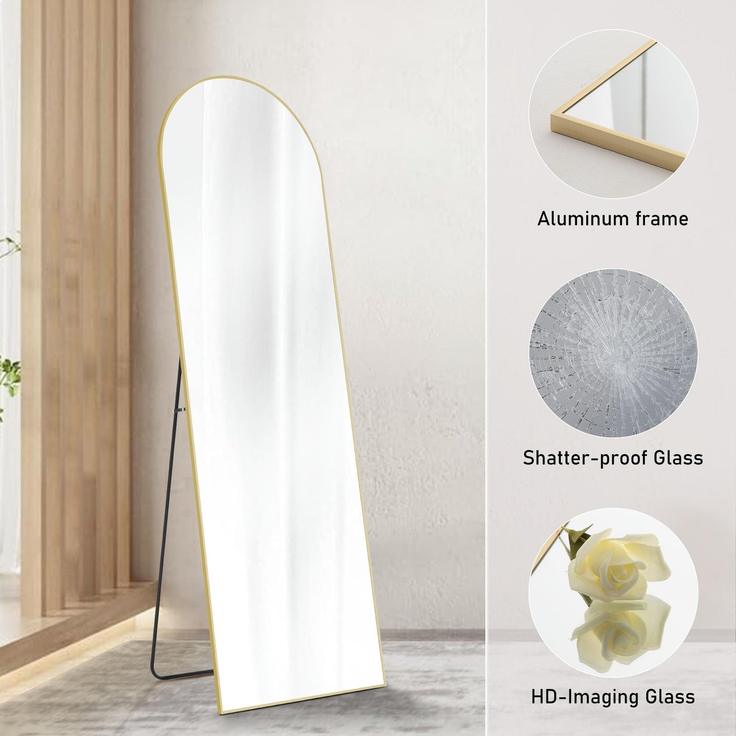 Sweetcrispy Arched Full Length Mirror 64"x21" Full Body Floor Mirror Standing Hanging or Leaning Wall, Large Arch Wall Mirror with Stand Aluminum Alloy Thin Frame for Bedroom Cloakroom, Gold