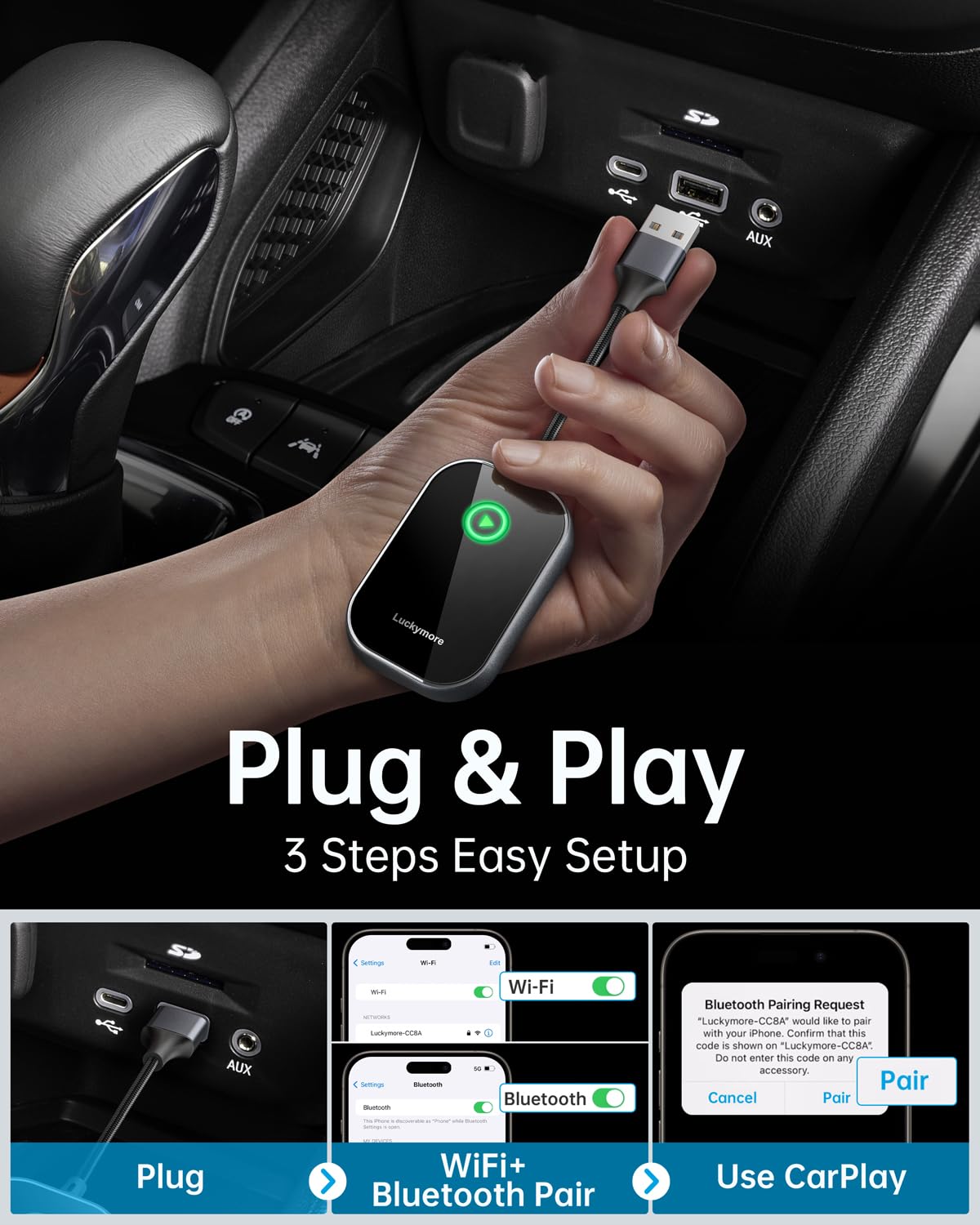 Wireless Carplay Adapter, Converts Wired to Wireless Carplay Dongle for Wireless Control Plug & Play Carplay Fit for Cars from 2017 & for Apple iPhone iOS 10+ Black
