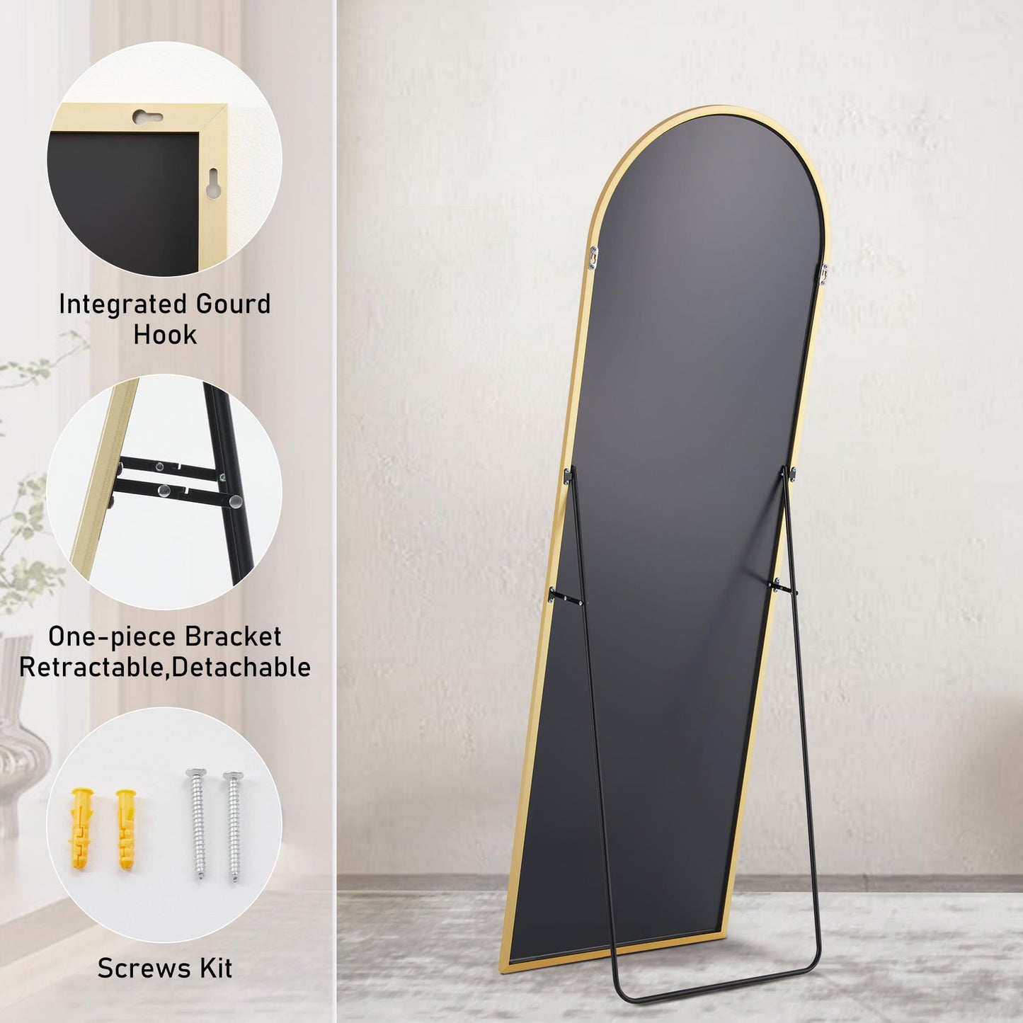 Sweetcrispy Arched Full Length Mirror 64"x21" Full Body Floor Mirror Standing Hanging or Leaning Wall, Large Arch Wall Mirror with Stand Aluminum Alloy Thin Frame for Bedroom Cloakroom, Gold