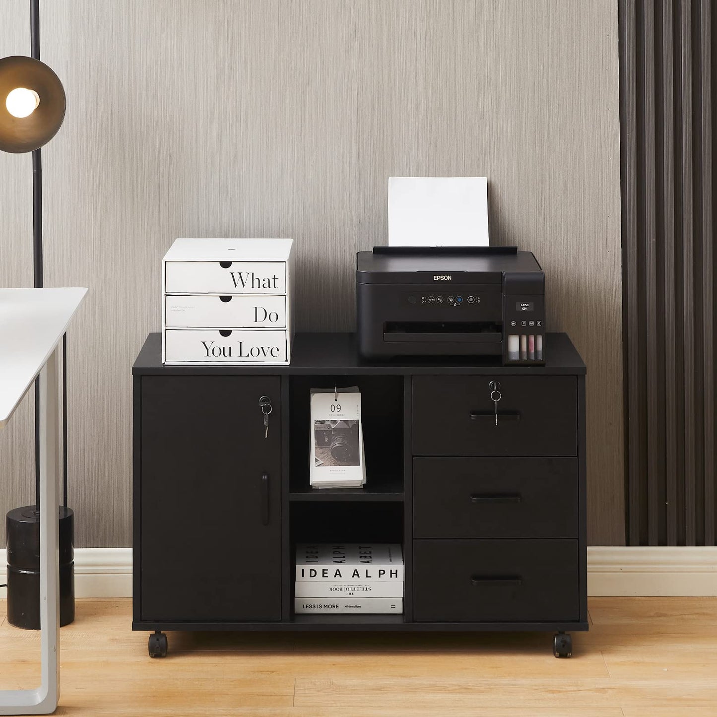 TUKAILAi Mobile File Cabinet with 3 Drawers & 1 Door, Lateral Printer Stand with Open Storage Shelf, Rolling Filing Cabinet with 4 Wheels, Wooden Stationery Organization Unit for Home Office (Black)