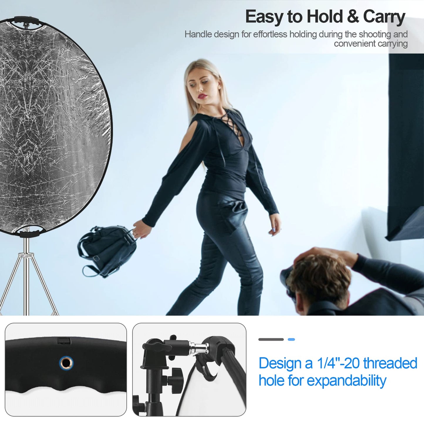 Wellmaking 43Inch/110cm Photography Light Reflector, Portable Foldable 5 in 1 Diffuser Reflectors with Bag & tilt Adapter for Studio & Outdoor Lighting-Translucent, Silver, Gold, White and Black