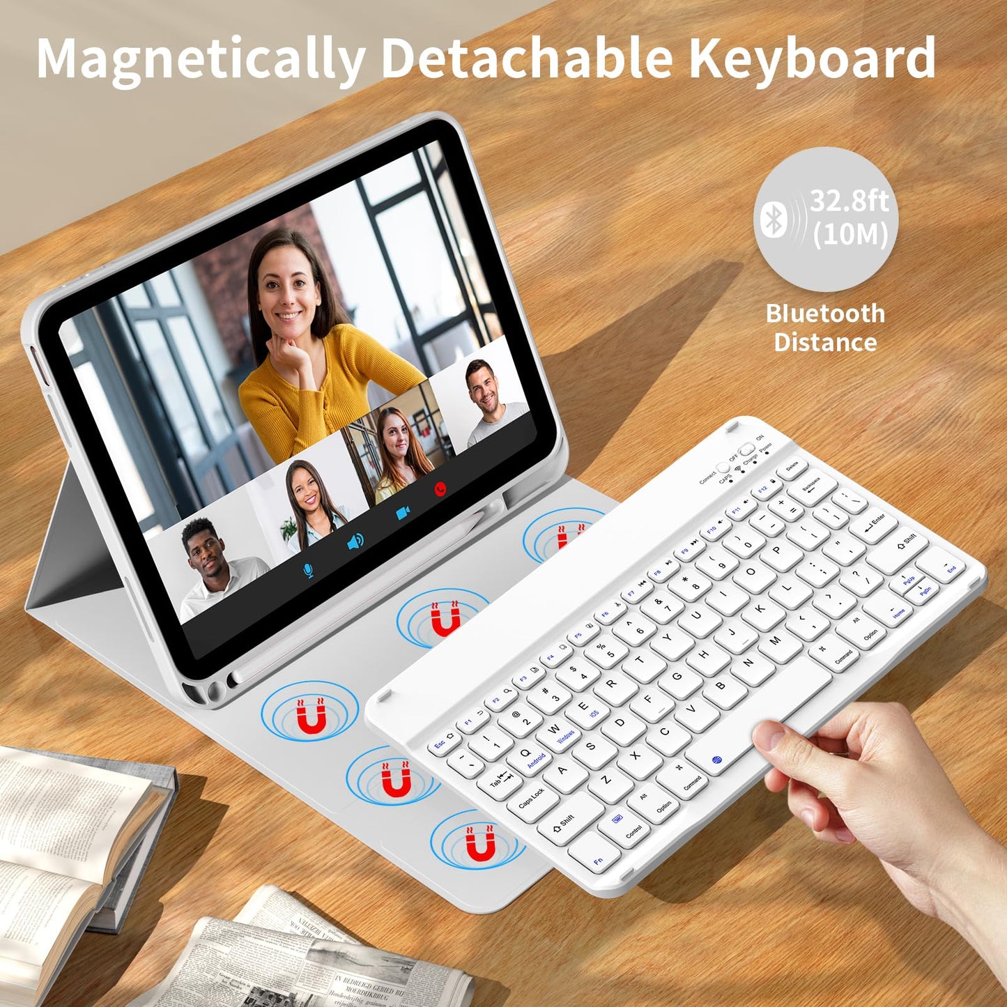 kenke for iPad 11/10th Gen Case with Keyboard 11/10.9 inch 2025 A16/2022, Detachable Wireless Bluetooth Keyboard Case Thin & Light with Built-in Left Side Pencil Holder, White Square Keycaps (Gray)