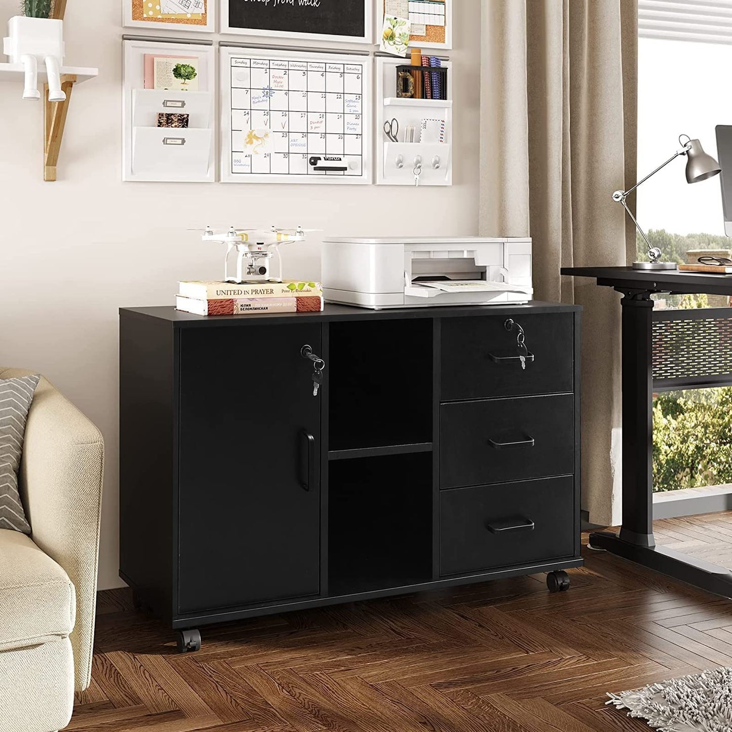 TUKAILAi Mobile File Cabinet with 3 Drawers & 1 Door, Lateral Printer Stand with Open Storage Shelf, Rolling Filing Cabinet with 4 Wheels, Wooden Stationery Organization Unit for Home Office (Black)