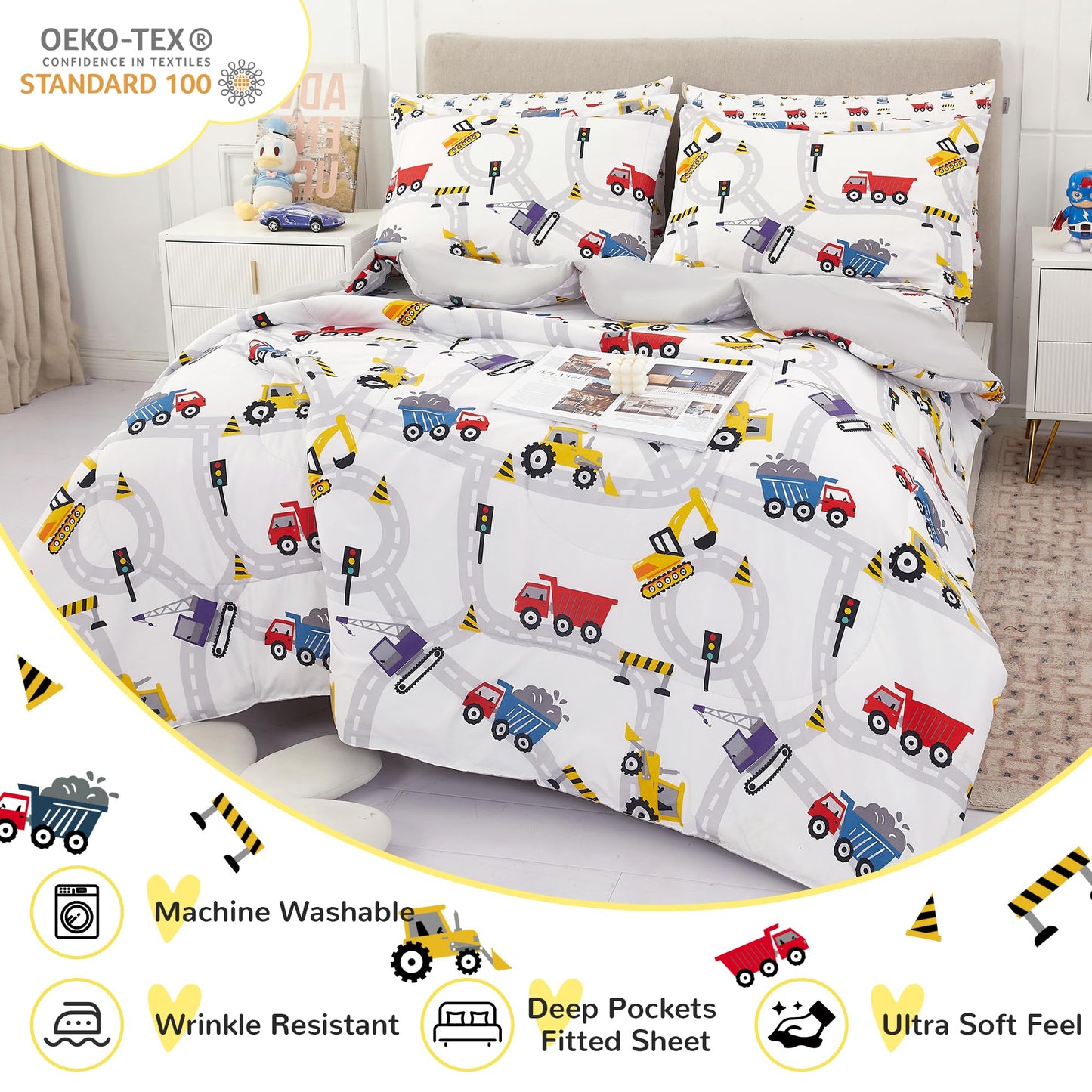 Viviland Twin Comforter Set for Boys - Kids Brushed Microfiber Twin Bedding Set - 5 Pieces Machine Washable Bed in A Bag with Soft Comforters, Sheet Set, Shams - Excavator Car Truck Printed