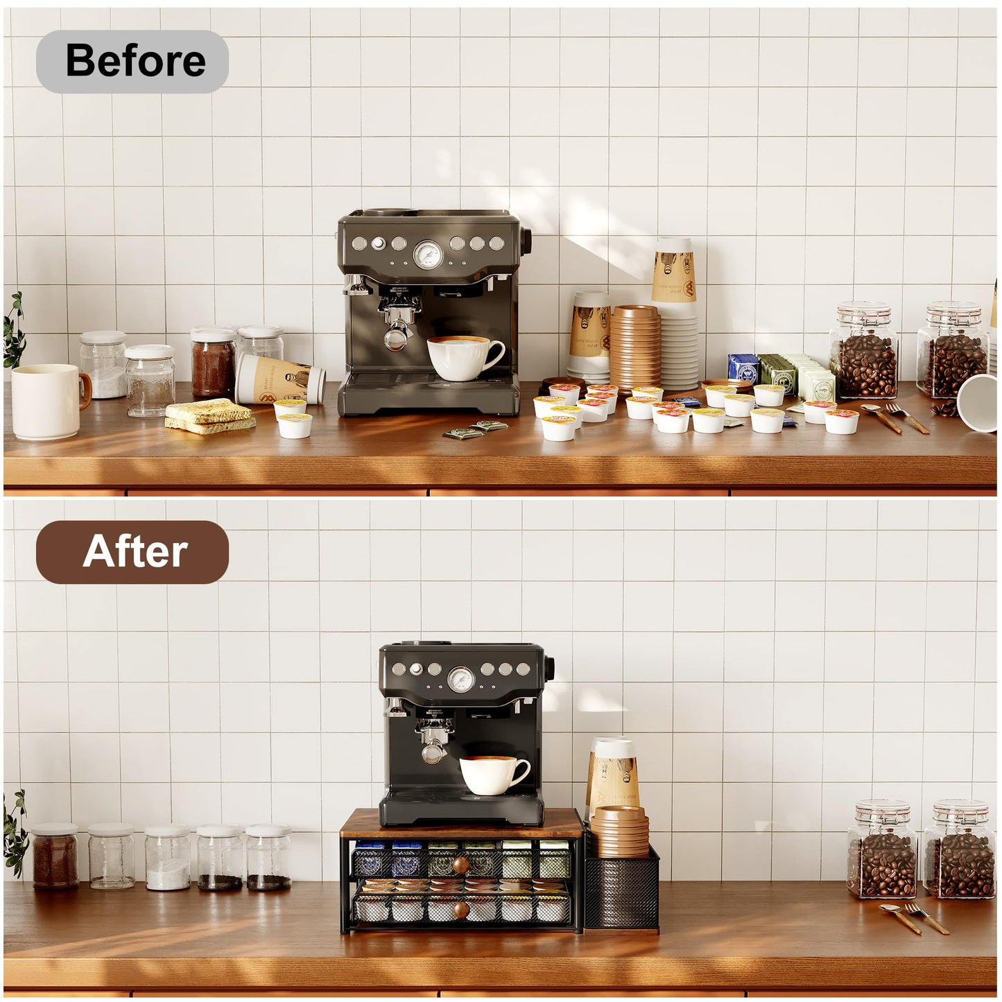 IZLIF Coffee Bar Organizer, 60 Capacity K Cup Organizer for Countertop, 2 Tier Sliding Coffee Pod Storage Drawer with Disposable Cup & Lid Holder, Black