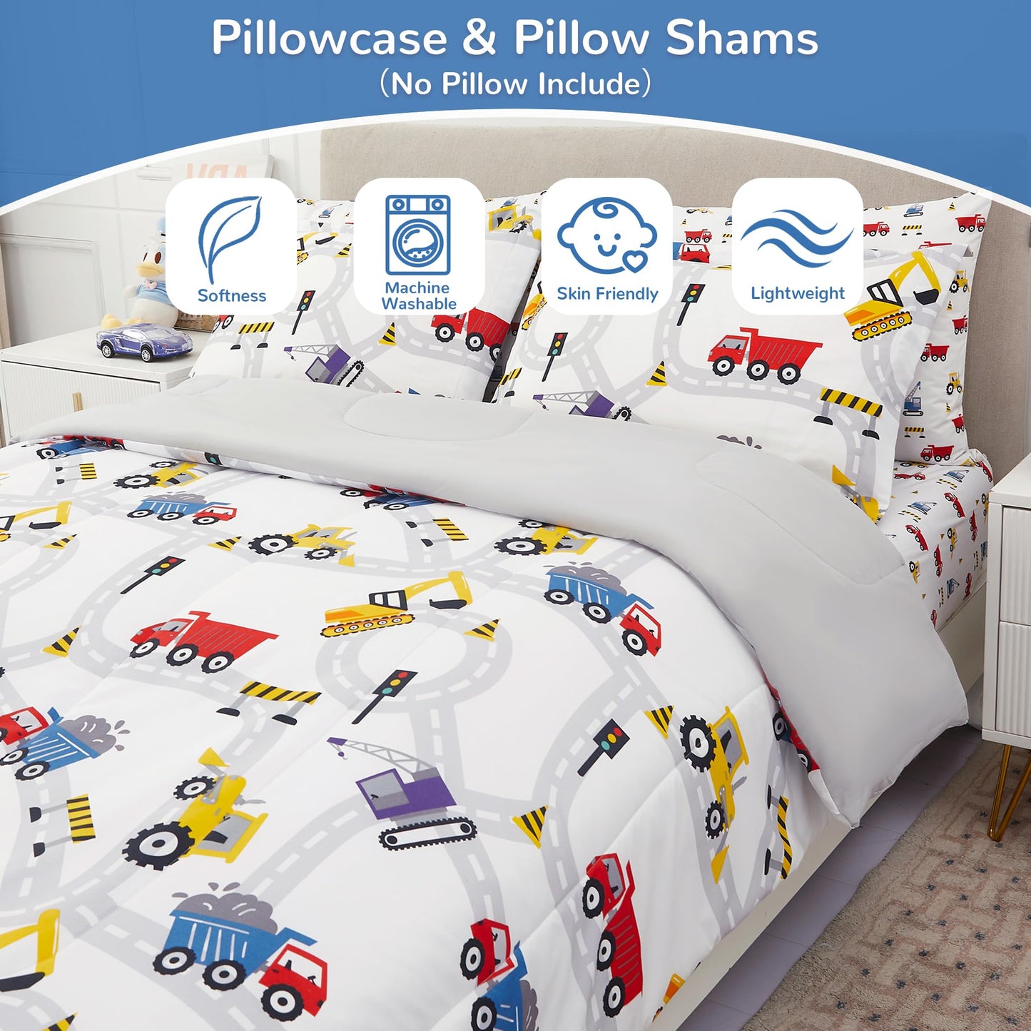 Viviland Twin Comforter Set for Boys - Kids Brushed Microfiber Twin Bedding Set - 5 Pieces Machine Washable Bed in A Bag with Soft Comforters, Sheet Set, Shams - Excavator Car Truck Printed