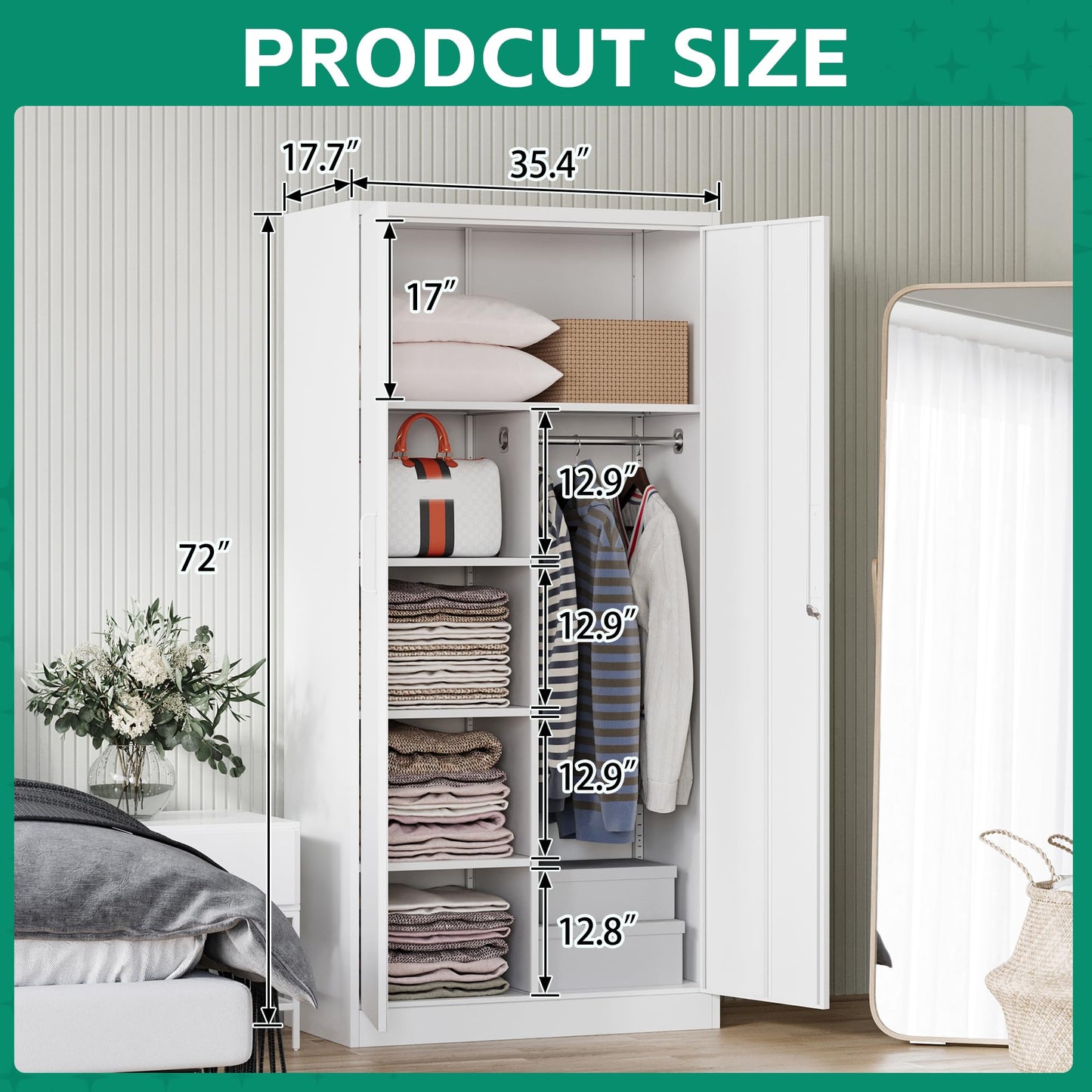 Letaya Metal Locker,Steel Wardrobe Storage Cabinets with Lock Door,Clothing Coat Storage Freestanding for Office, Home, School, Employee,Gym,Fire Department (White)