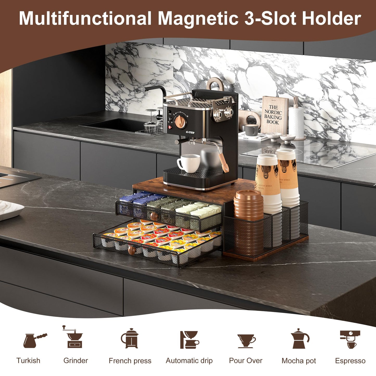 IZLIF Coffee Bar Organizer, 60 Capacity K Cup Organizer for Countertop, 2 Tier Sliding Coffee Pod Storage Drawer with Disposable Cup & Lid Holder, Black