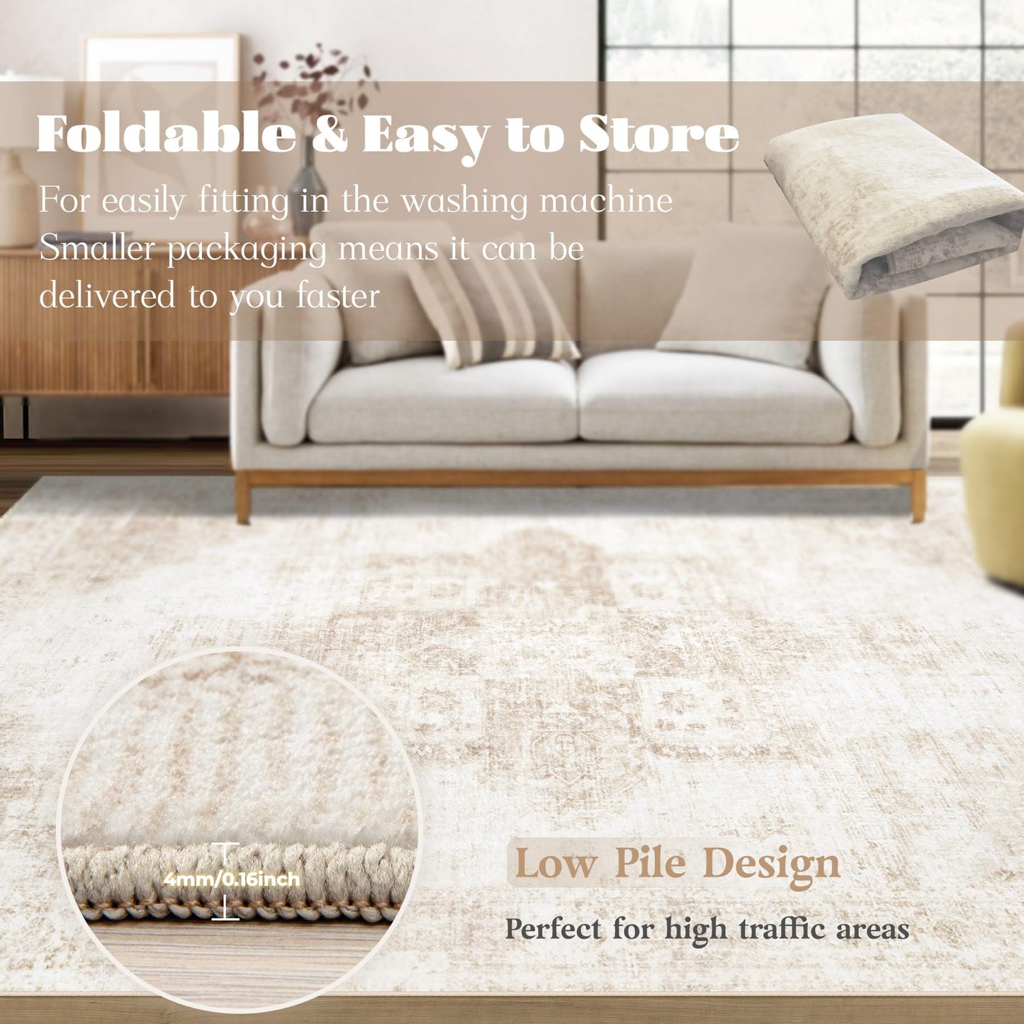 Area Rug 8x10 Washable Rug, Vintage Boho Medallion Rugs Non-Slip Soft Low Pile Large Distressed Rug Indoor Retro Carpet for Living Room Bedroom Dining Room Home Office (Beige, 8'x10')