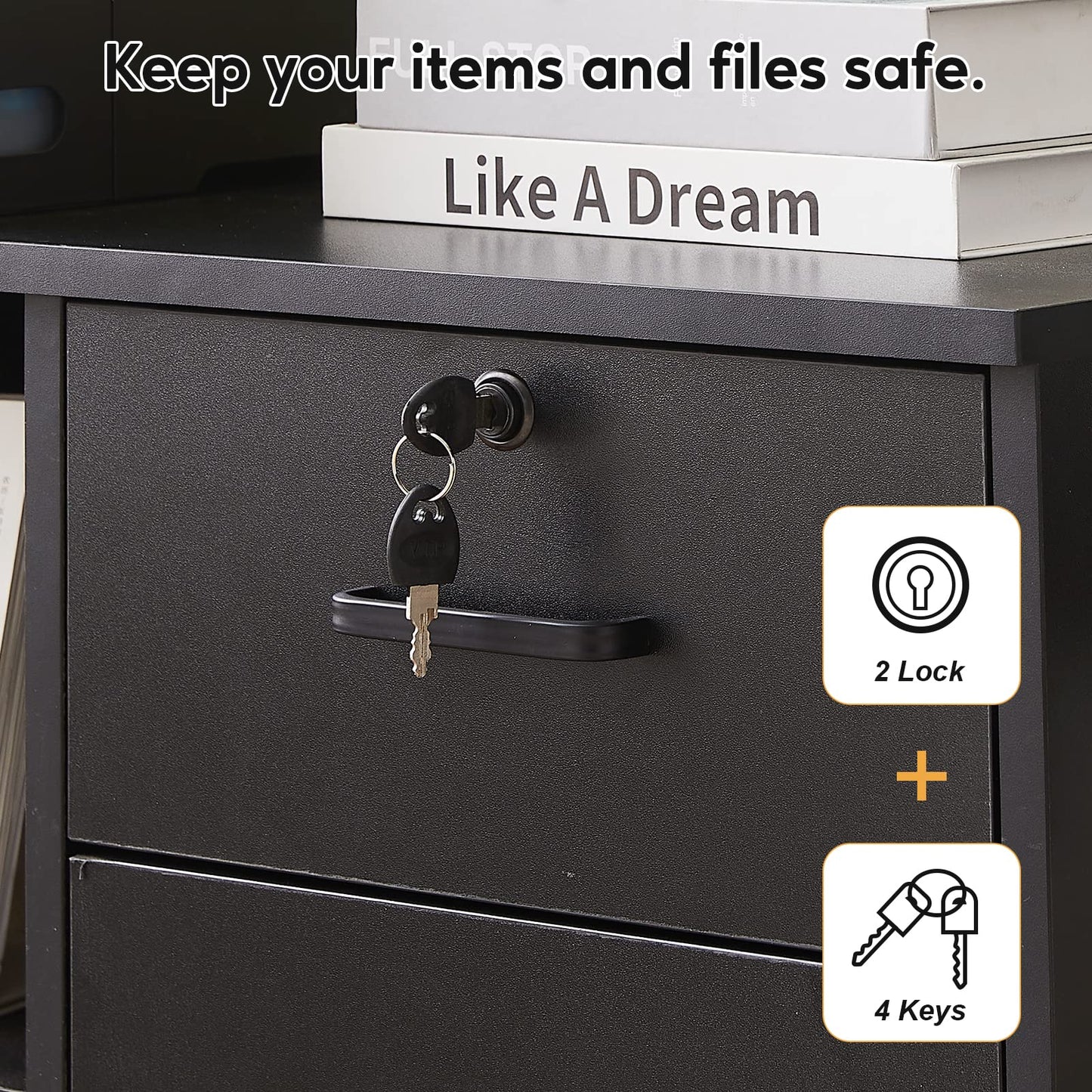 TUKAILAi Mobile File Cabinet with 3 Drawers & 1 Door, Lateral Printer Stand with Open Storage Shelf, Rolling Filing Cabinet with 4 Wheels, Wooden Stationery Organization Unit for Home Office (Black)