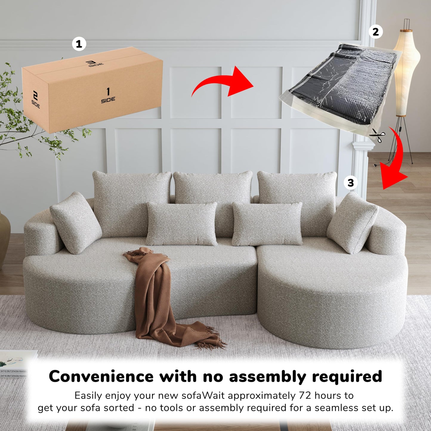 105" Boneless Chenille Upholstered Oversized Sofa, Sectional 4-Seater 29.8" Deep Seat Curved Cloud Couch with 7 Pillows, Free Combination Sofa Couch for Living Room (Beige, 105" Right Lounge)