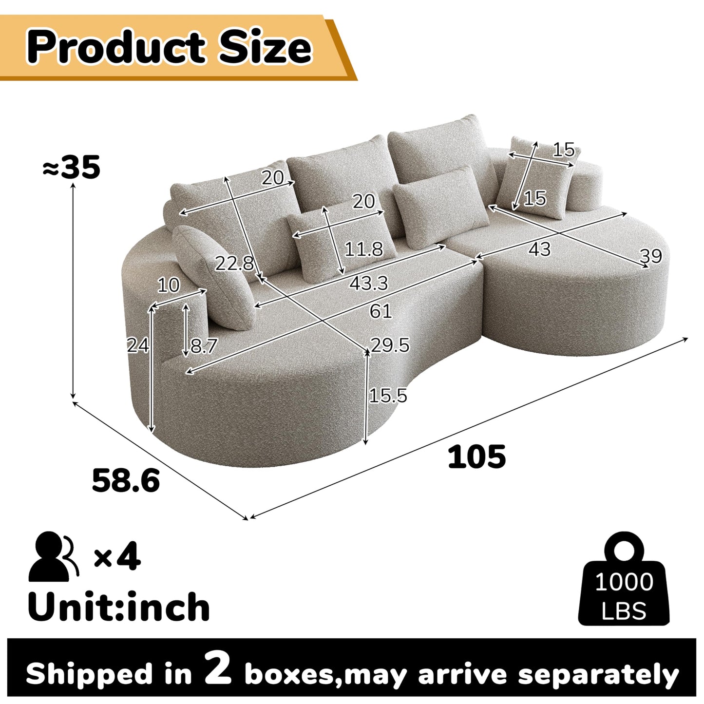 105" Boneless Chenille Upholstered Oversized Sofa, Sectional 4-Seater 29.8" Deep Seat Curved Cloud Couch with 7 Pillows, Free Combination Sofa Couch for Living Room (Beige, 105" Right Lounge)