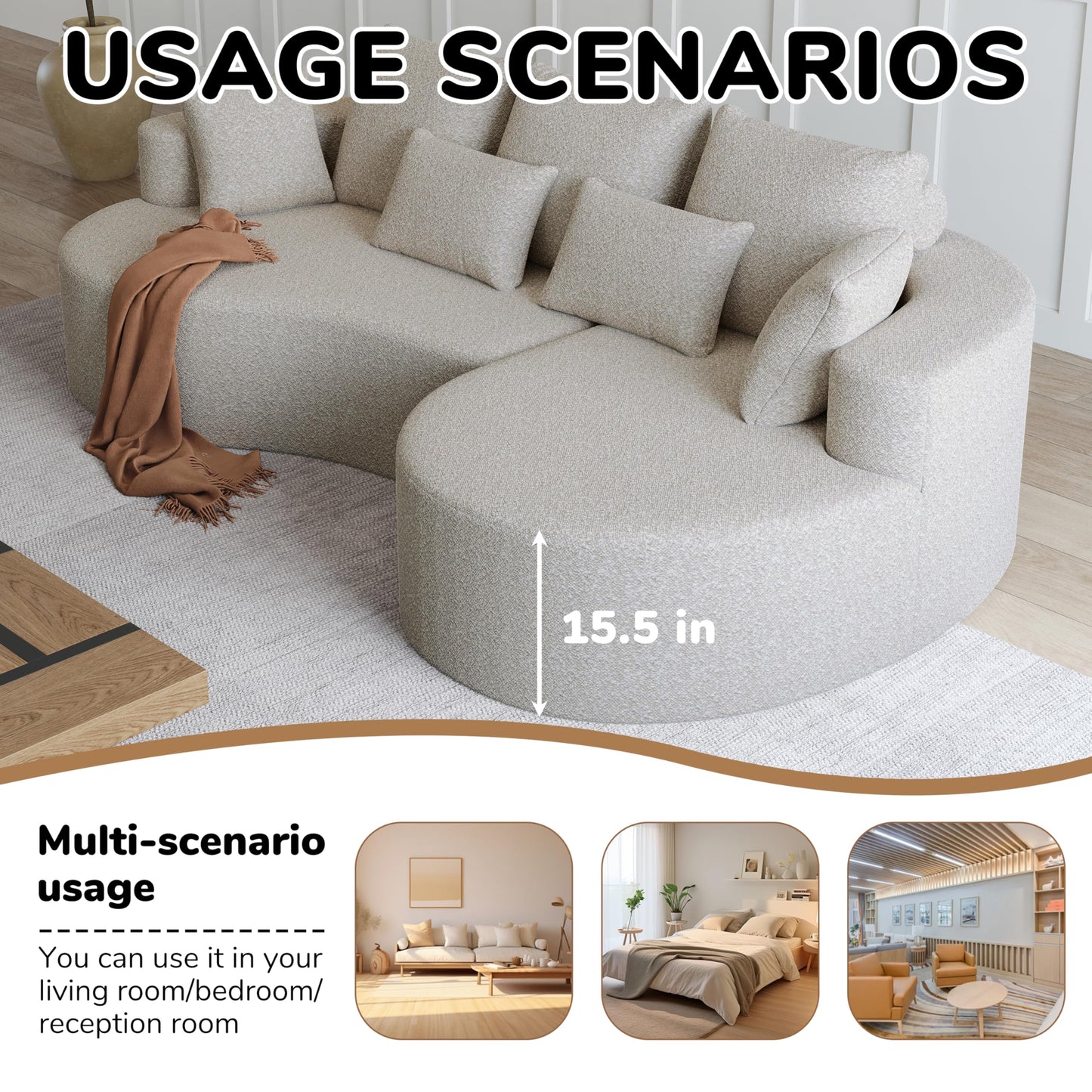 105" Boneless Chenille Upholstered Oversized Sofa, Sectional 4-Seater 29.8" Deep Seat Curved Cloud Couch with 7 Pillows, Free Combination Sofa Couch for Living Room (Beige, 105" Right Lounge)