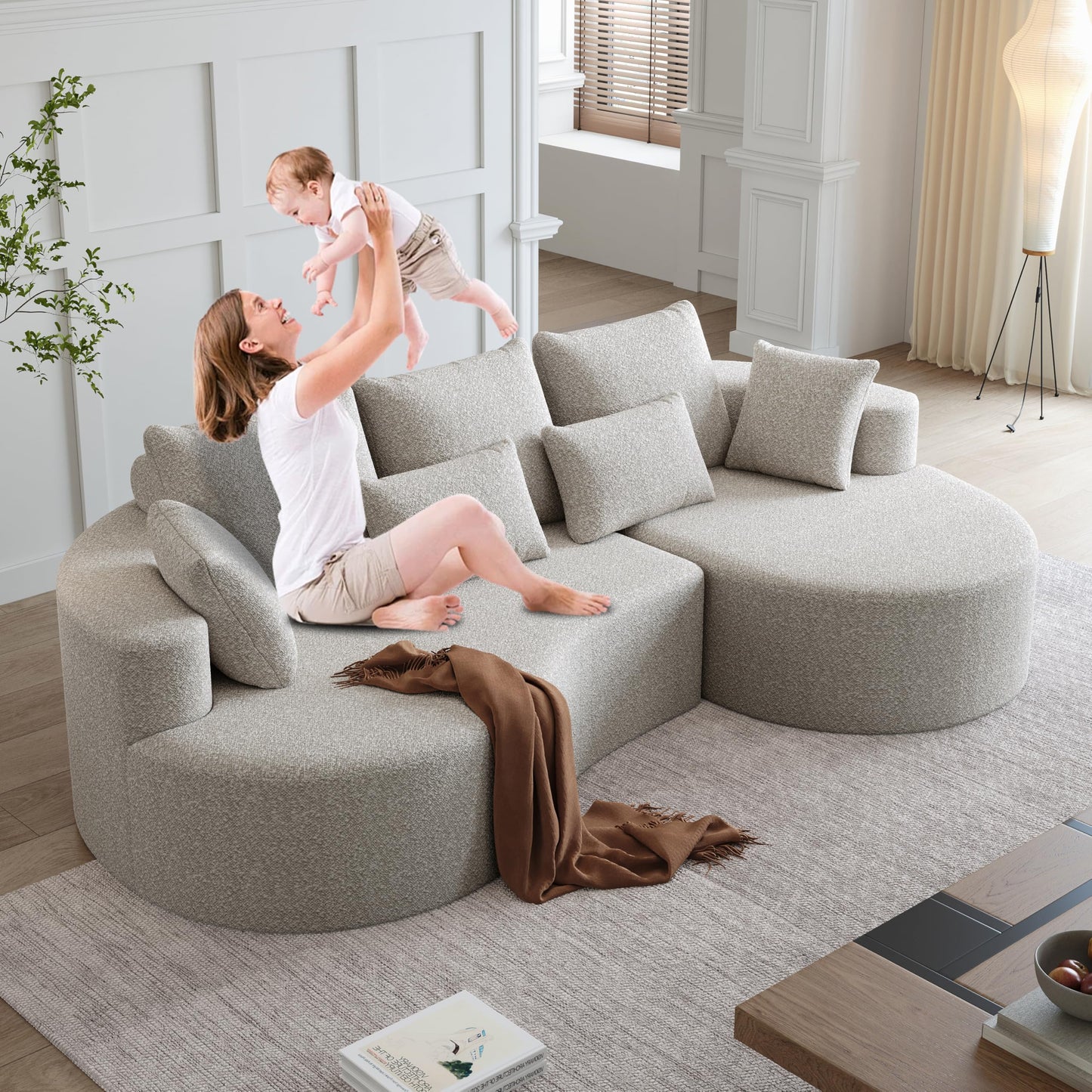 105" Boneless Chenille Upholstered Oversized Sofa, Sectional 4-Seater 29.8" Deep Seat Curved Cloud Couch with 7 Pillows, Free Combination Sofa Couch for Living Room (Beige, 105" Right Lounge)