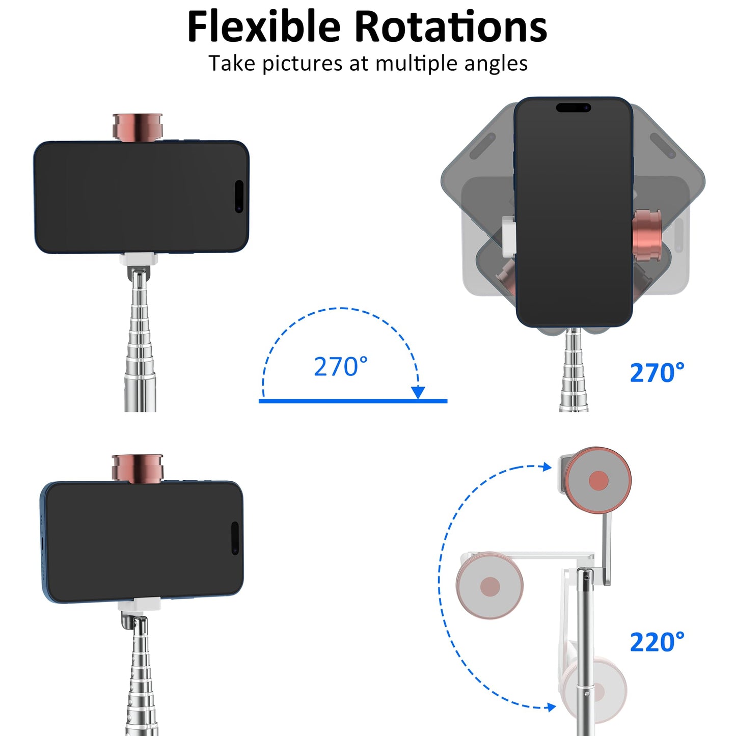 Aluminum Alloy Selfie Stick Tripod with Remote, Foldable Travel Tripod Stand 270 Rotation Compatible with iPhone/Android/Go Pro Camera