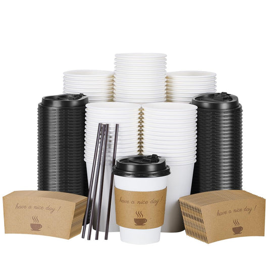 BYSNOW 100 pack 12 oz Disposable Thickened Coffee Cups with Lids, Scald Resistant Hot Cup with Sleeve and Straw, To Go Coffee Cups for Home, Office, Cafes and Party (White 12oz)