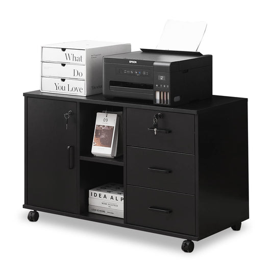 TUKAILAi Mobile File Cabinet with 3 Drawers & 1 Door, Lateral Printer Stand with Open Storage Shelf, Rolling Filing Cabinet with 4 Wheels, Wooden Stationery Organization Unit for Home Office (Black)