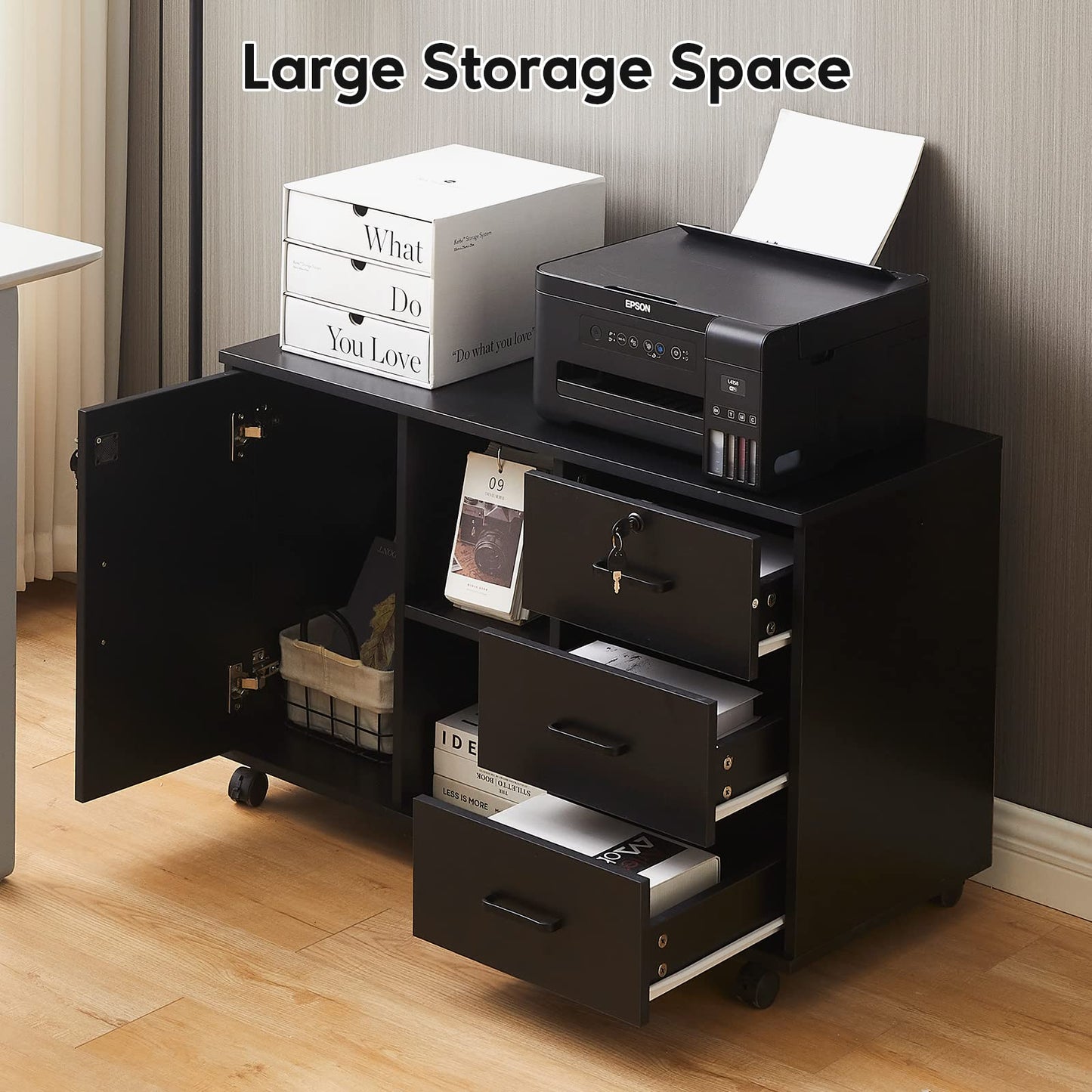 TUKAILAi Mobile File Cabinet with 3 Drawers & 1 Door, Lateral Printer Stand with Open Storage Shelf, Rolling Filing Cabinet with 4 Wheels, Wooden Stationery Organization Unit for Home Office (Black)