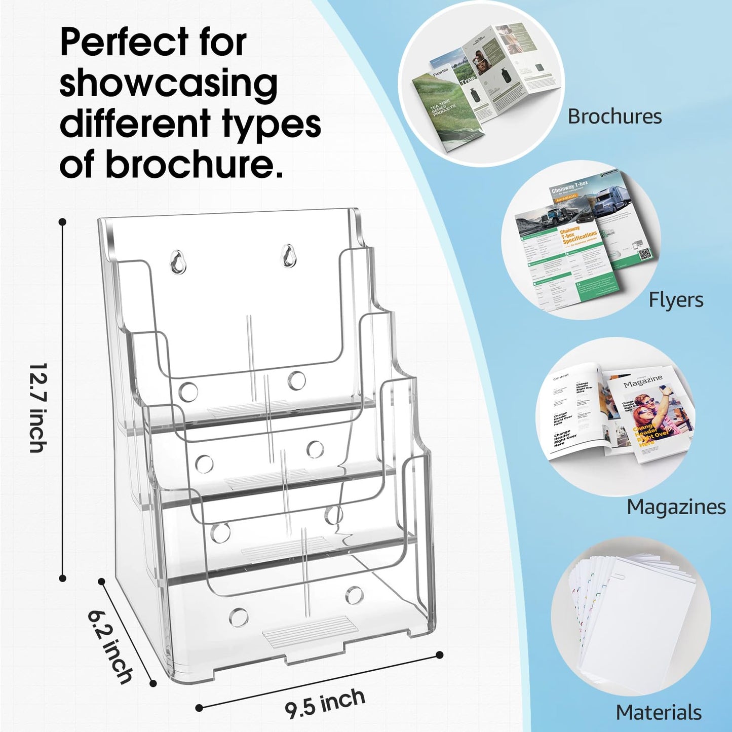 MaxGear Acrylic Brochure Holder 8.5 x 11 inch, 4 Tier Clear Literature Organizer Magazine Stand Display with Removable Divider for 4 x 9 inch Brochures, Pamphlet, Wall Mount or Countertop, 1 Pack