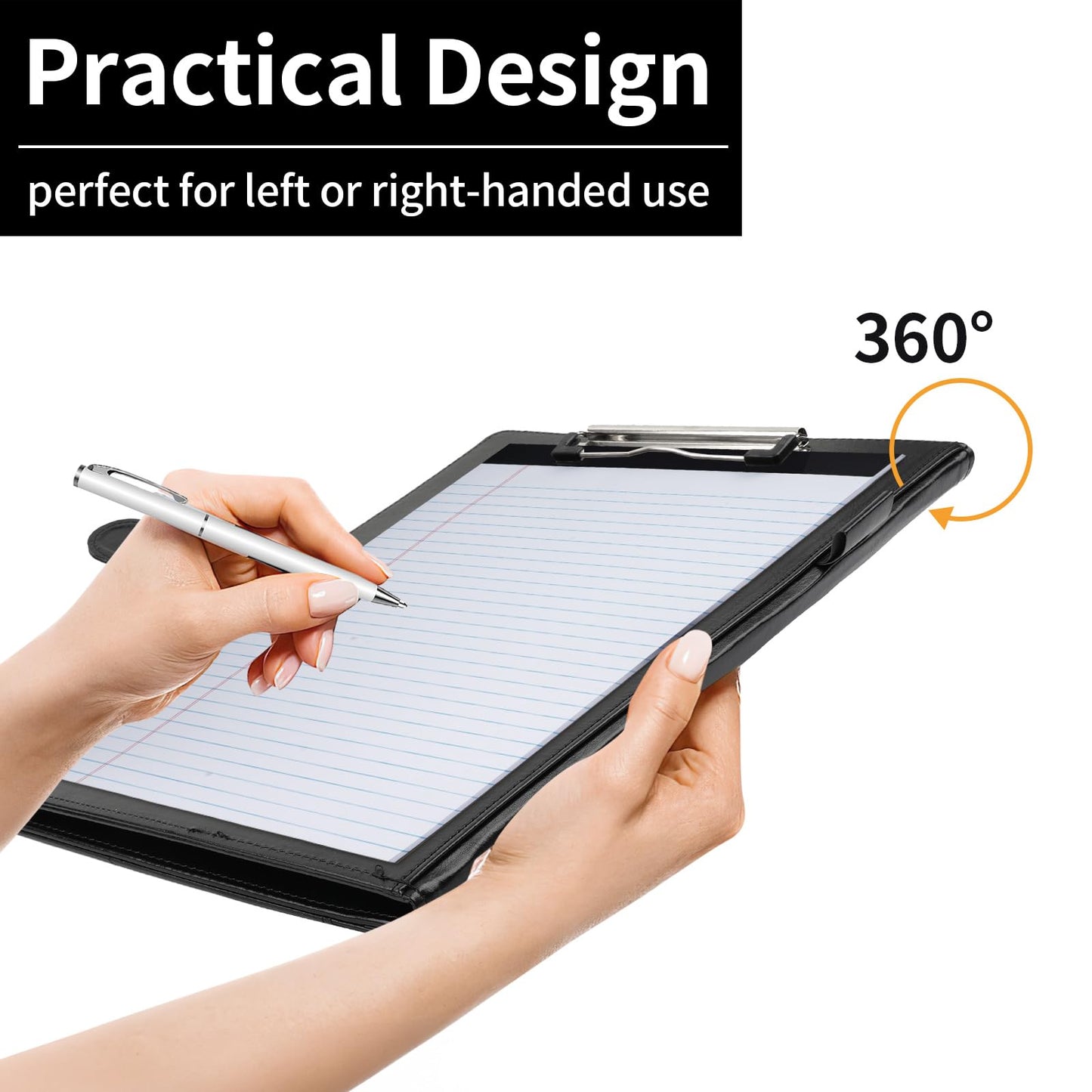 Professional Padfolio with Clipboard, Faux Leather Portfolio Folder Binder, Legal Pad Holder for A4 Letter Size Notepad, Resume, Writing Pad, Ideal Organizer for Business Office Conference, Black