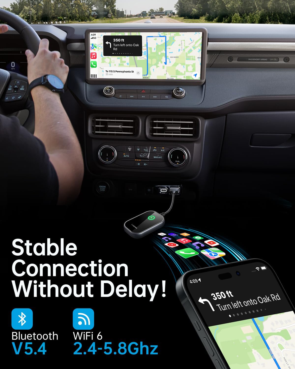 Wireless Carplay Adapter, Converts Wired to Wireless Carplay Dongle for Wireless Control Plug & Play Carplay Fit for Cars from 2017 & for Apple iPhone iOS 10+ Black
