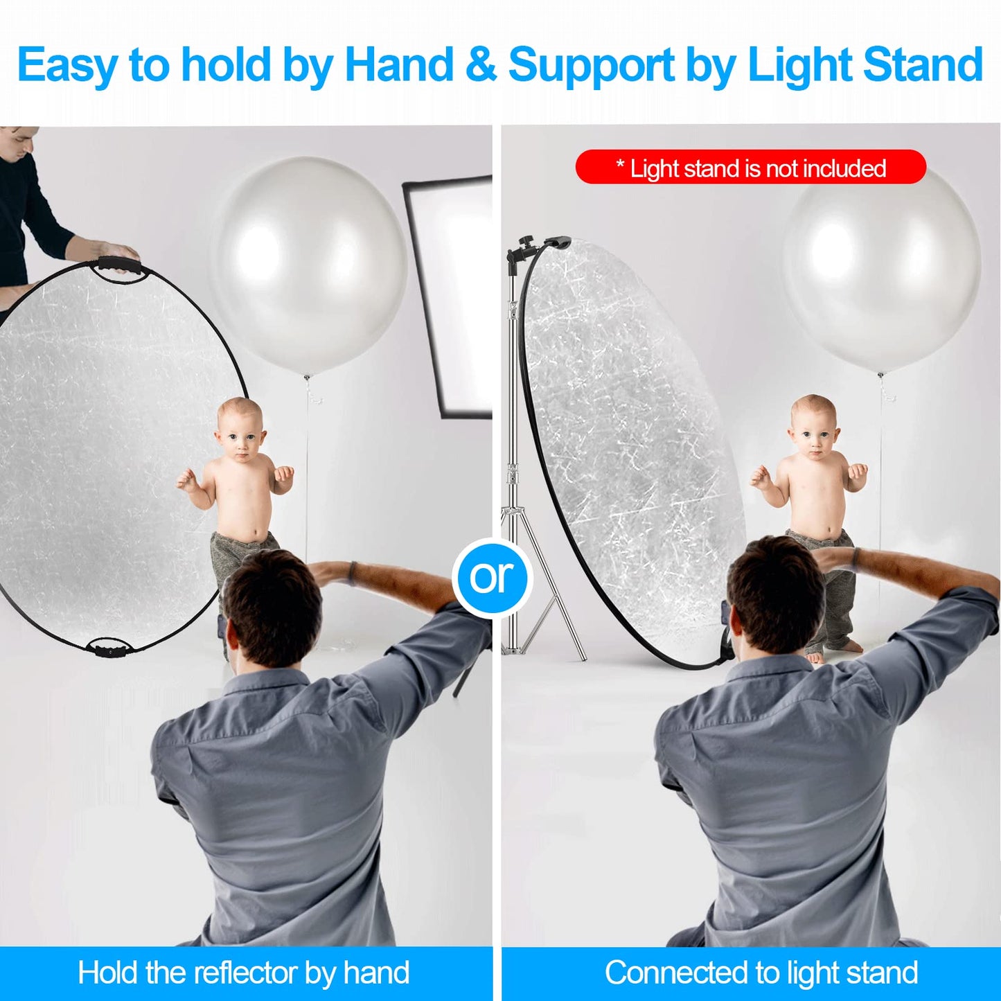 Wellmaking 43Inch/110cm Photography Light Reflector, Portable Foldable 5 in 1 Diffuser Reflectors with Bag & tilt Adapter for Studio & Outdoor Lighting-Translucent, Silver, Gold, White and Black