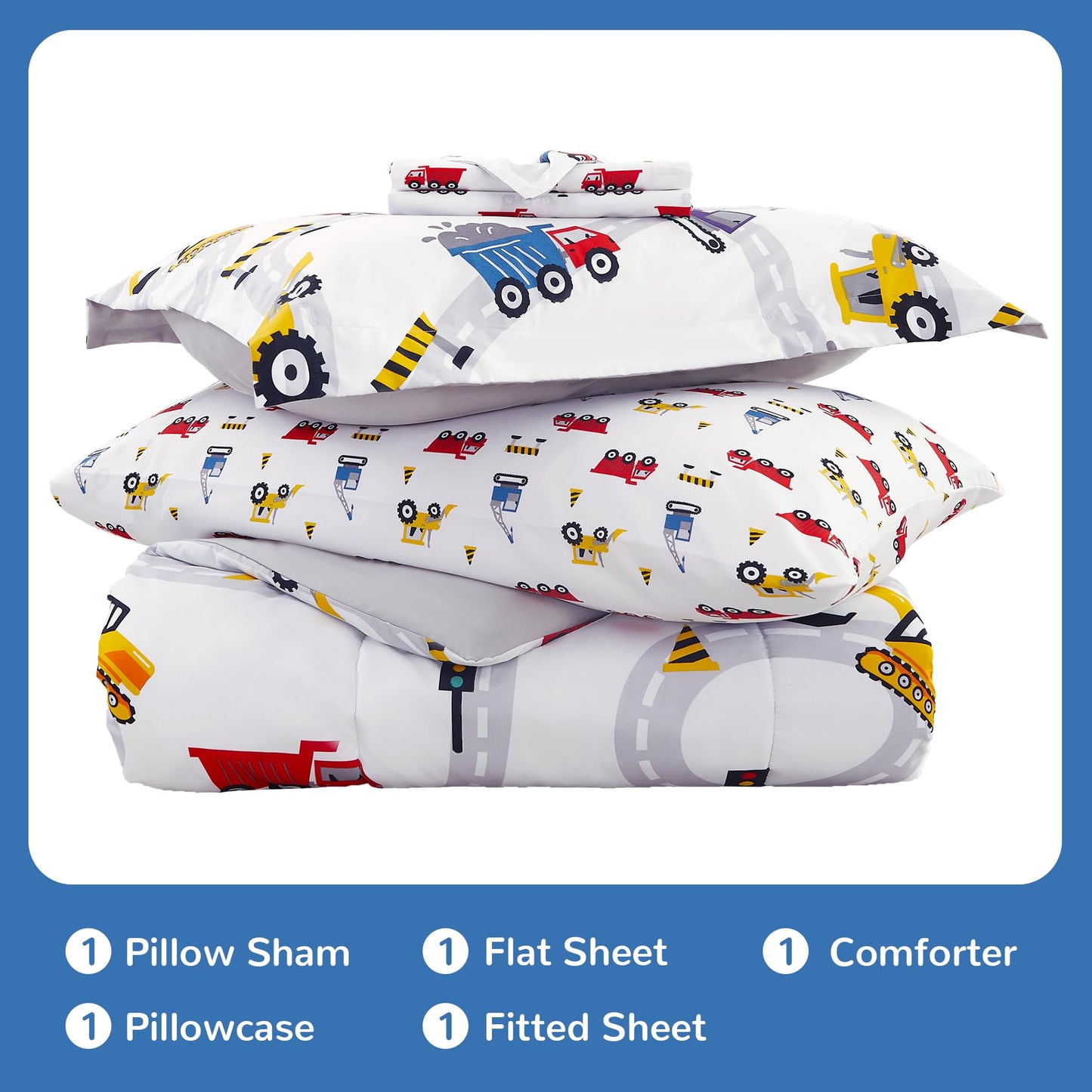 Viviland Twin Comforter Set for Boys - Kids Brushed Microfiber Twin Bedding Set - 5 Pieces Machine Washable Bed in A Bag with Soft Comforters, Sheet Set, Shams - Excavator Car Truck Printed
