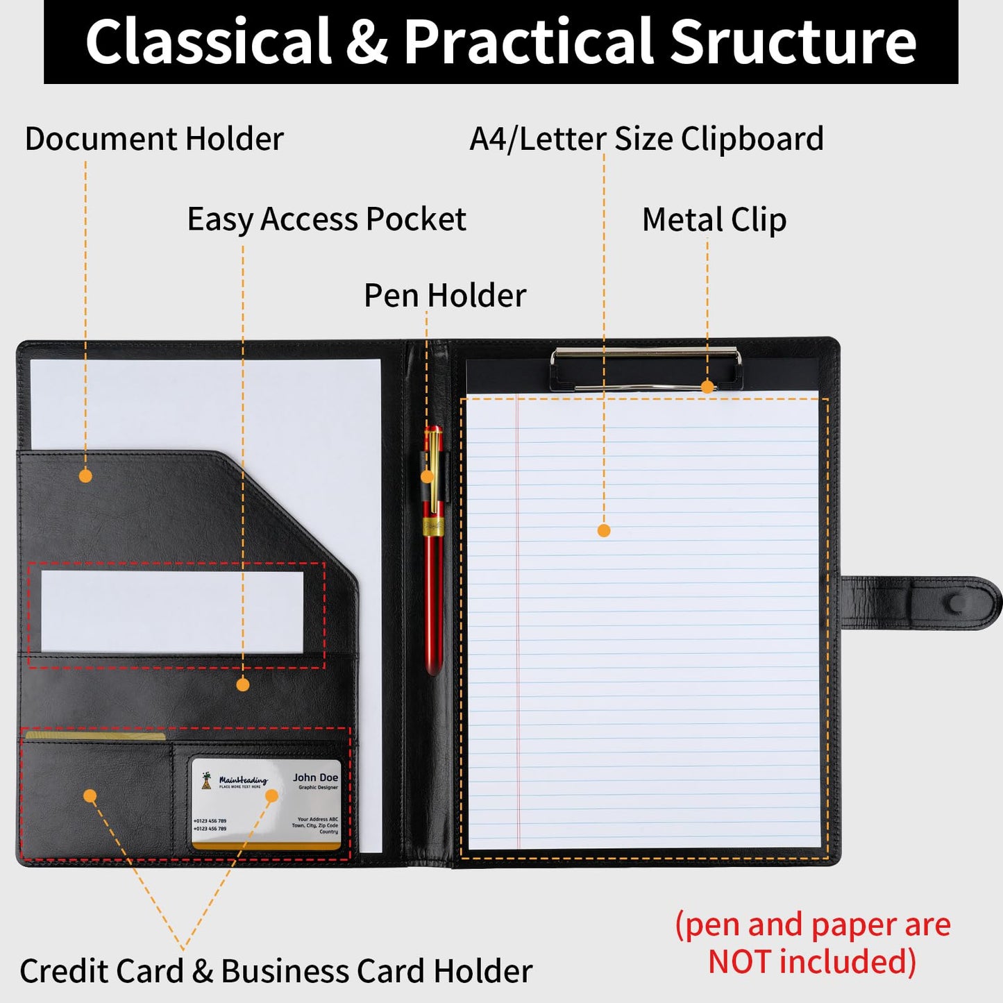 Professional Padfolio with Clipboard, Faux Leather Portfolio Folder Binder, Legal Pad Holder for A4 Letter Size Notepad, Resume, Writing Pad, Ideal Organizer for Business Office Conference, Black