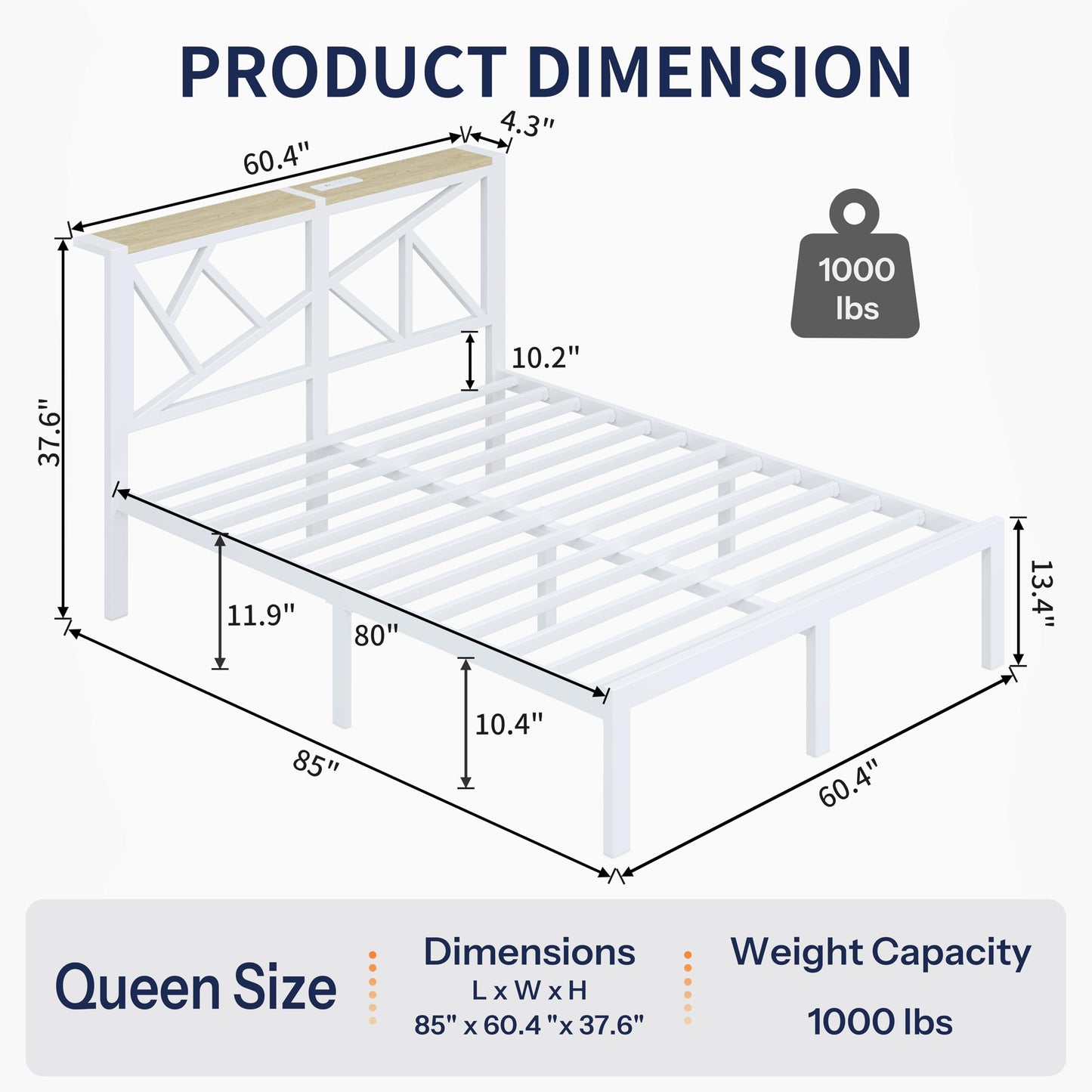 DynJest Queen Size Metal Bed Frame with LED Lights, Storage Headboard with Charging Station, Modern Queen Platform Bed with Heavy Duty Supports, No Box Spring Needed, Noise Free, Easy Assembly, White