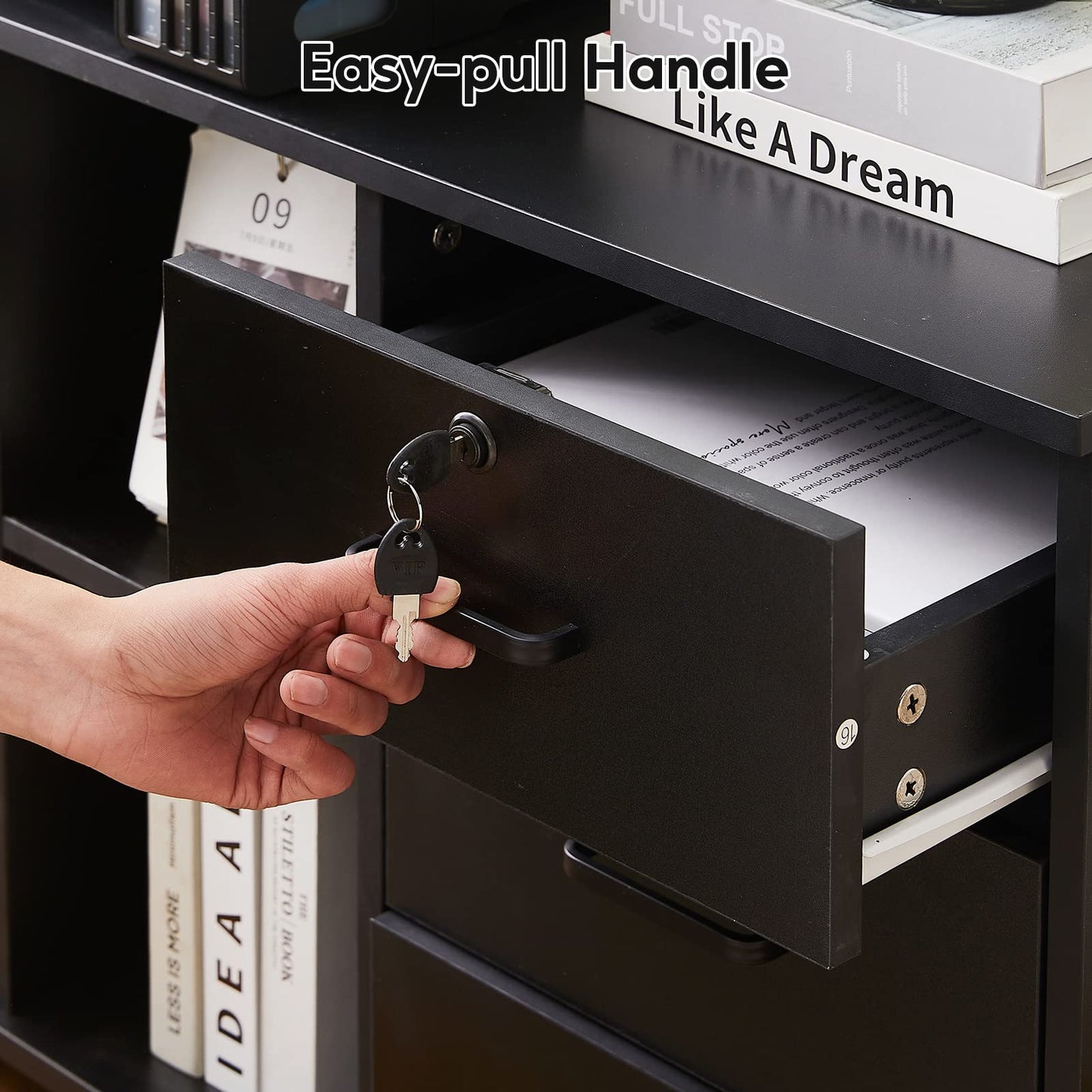 TUKAILAi Mobile File Cabinet with 3 Drawers & 1 Door, Lateral Printer Stand with Open Storage Shelf, Rolling Filing Cabinet with 4 Wheels, Wooden Stationery Organization Unit for Home Office (Black)