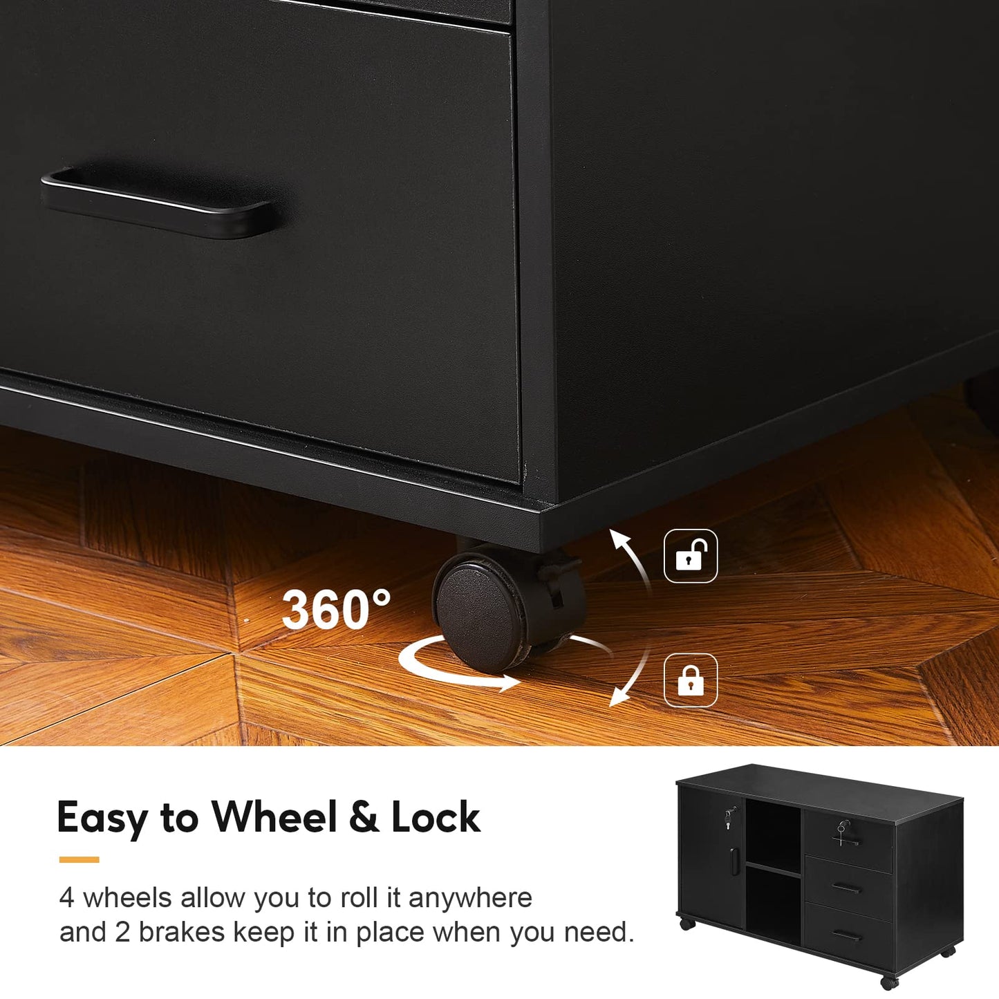 TUKAILAi Mobile File Cabinet with 3 Drawers & 1 Door, Lateral Printer Stand with Open Storage Shelf, Rolling Filing Cabinet with 4 Wheels, Wooden Stationery Organization Unit for Home Office (Black)