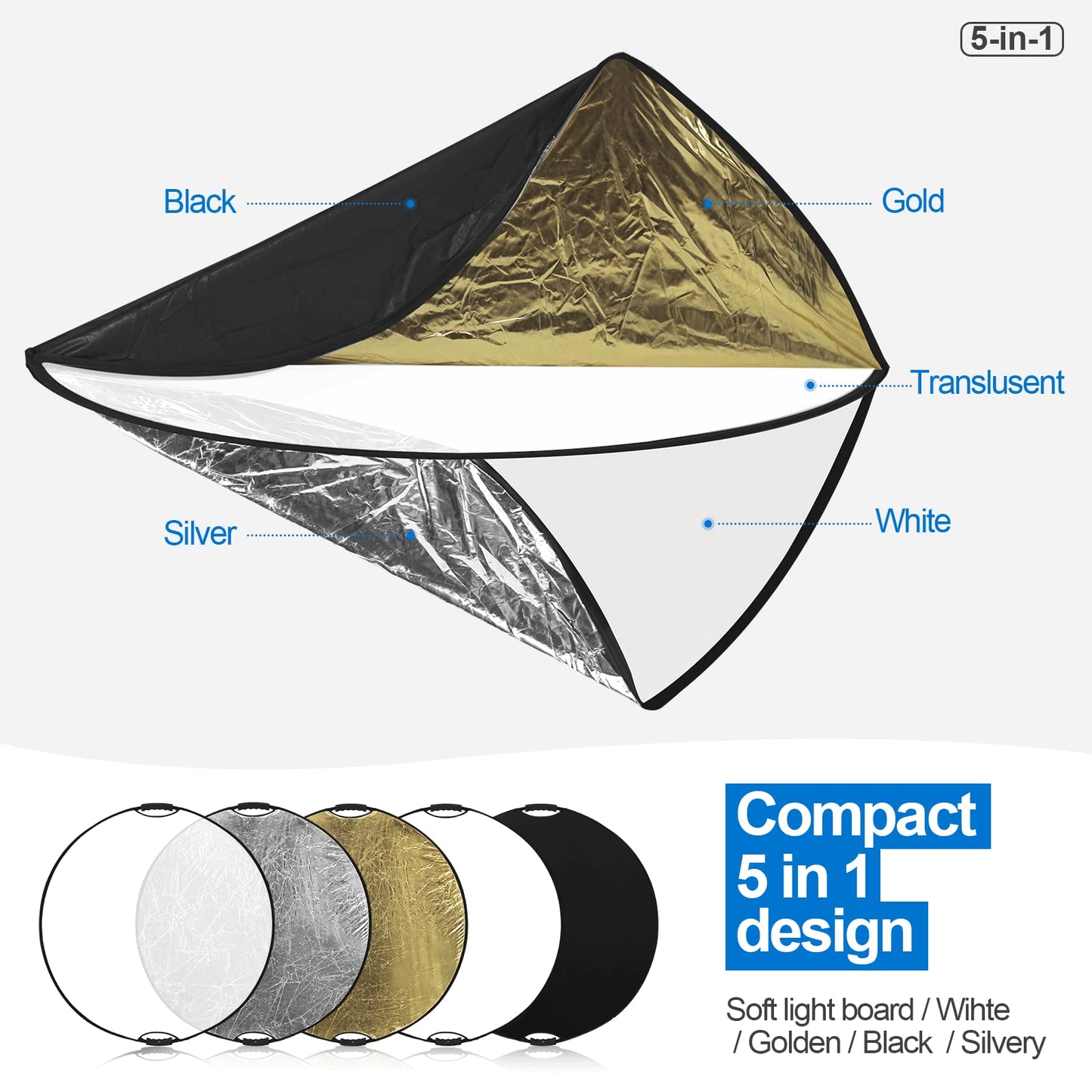 Wellmaking 43Inch/110cm Photography Light Reflector, Portable Foldable 5 in 1 Diffuser Reflectors with Bag & tilt Adapter for Studio & Outdoor Lighting-Translucent, Silver, Gold, White and Black