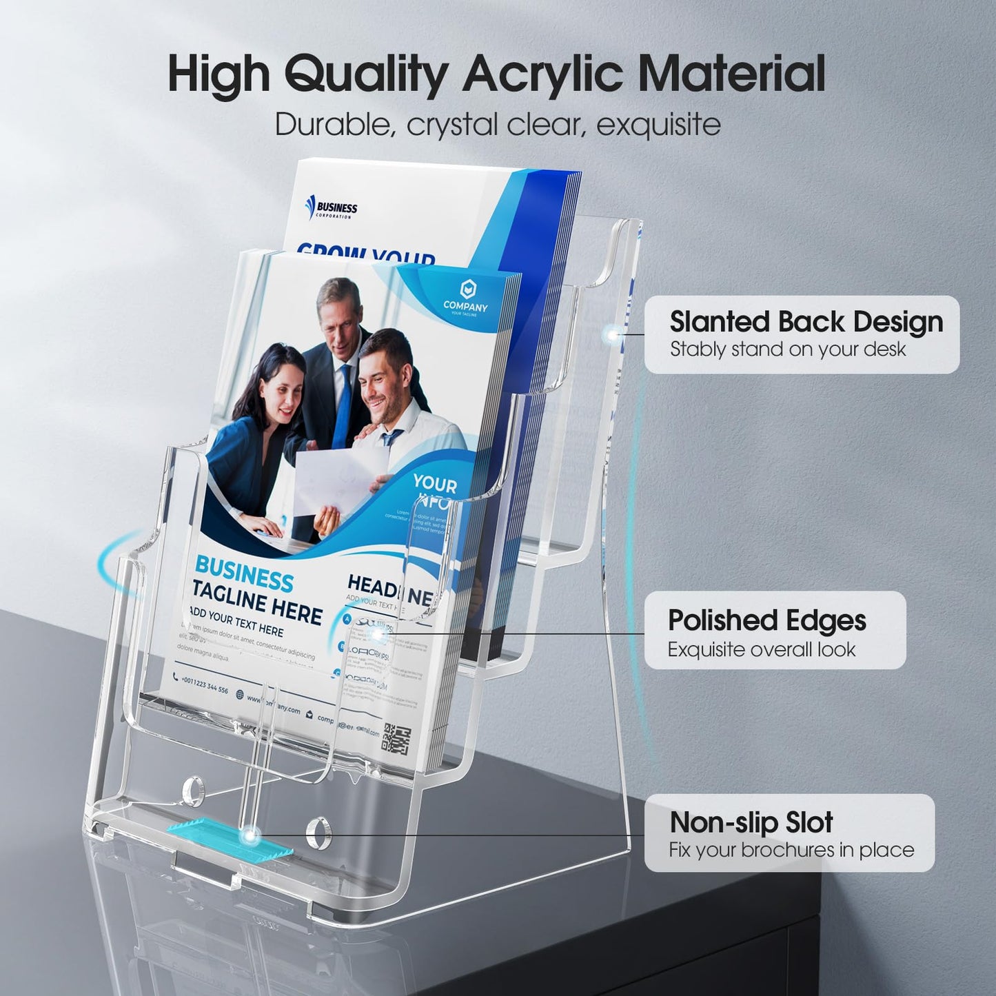 MaxGear Acrylic Brochure Holder 8.5 x 11 inch, 4 Tier Clear Literature Organizer Magazine Stand Display with Removable Divider for 4 x 9 inch Brochures, Pamphlet, Wall Mount or Countertop, 1 Pack