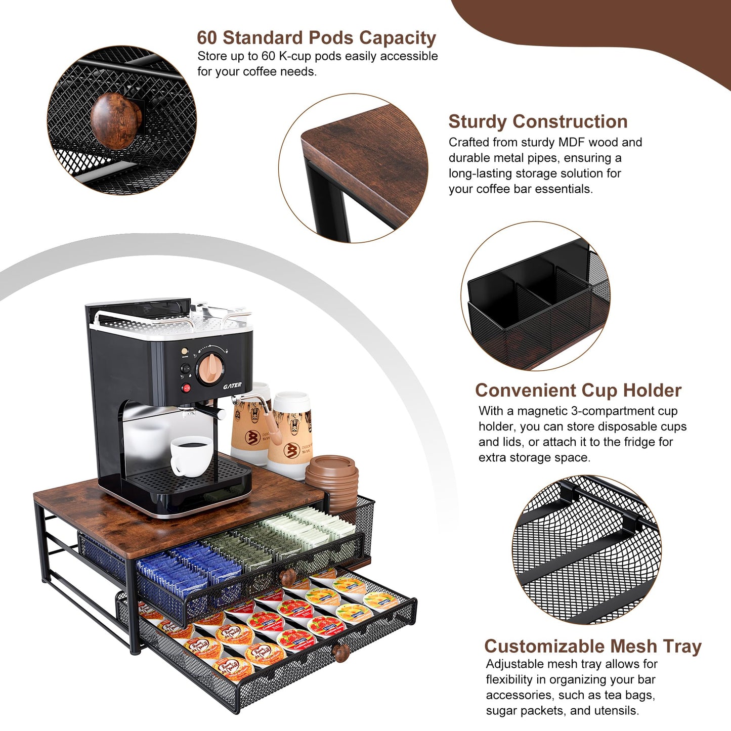 IZLIF Coffee Bar Organizer, 60 Capacity K Cup Organizer for Countertop, 2 Tier Sliding Coffee Pod Storage Drawer with Disposable Cup & Lid Holder, Black
