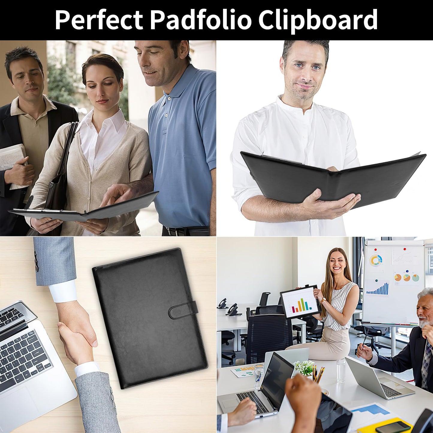 Professional Padfolio with Clipboard, Faux Leather Portfolio Folder Binder, Legal Pad Holder for A4 Letter Size Notepad, Resume, Writing Pad, Ideal Organizer for Business Office Conference, Black