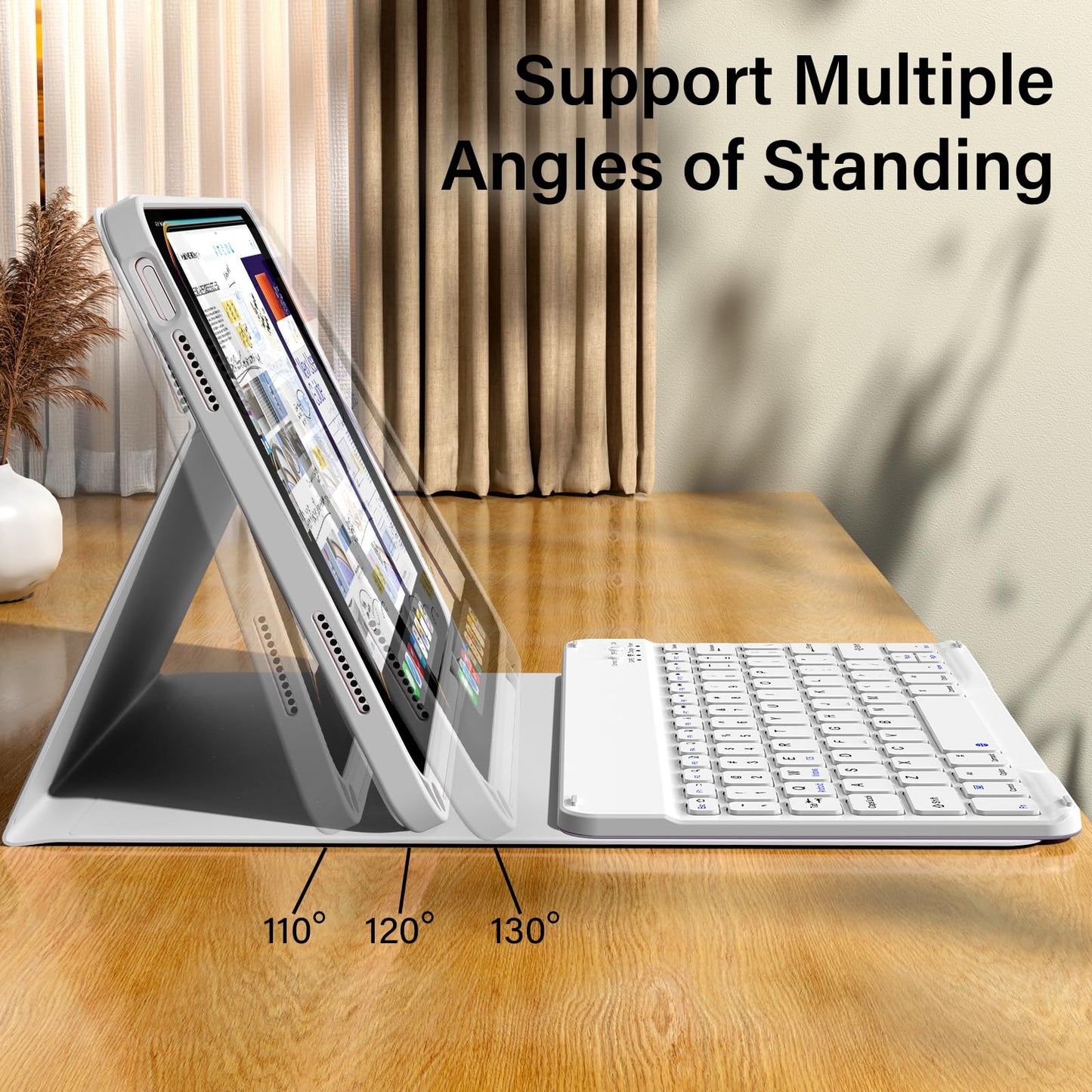 kenke for iPad 11/10th Gen Case with Keyboard 11/10.9 inch 2025 A16/2022, Detachable Wireless Bluetooth Keyboard Case Thin & Light with Built-in Left Side Pencil Holder, White Square Keycaps (Gray)