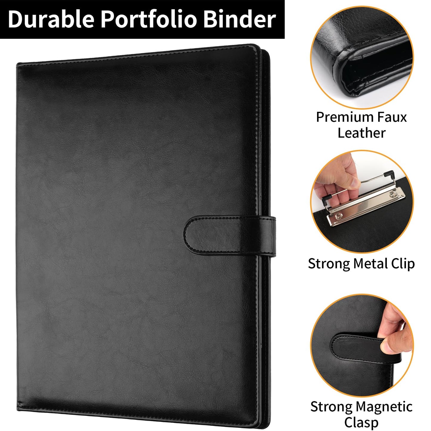Professional Padfolio with Clipboard, Faux Leather Portfolio Folder Binder, Legal Pad Holder for A4 Letter Size Notepad, Resume, Writing Pad, Ideal Organizer for Business Office Conference, Black