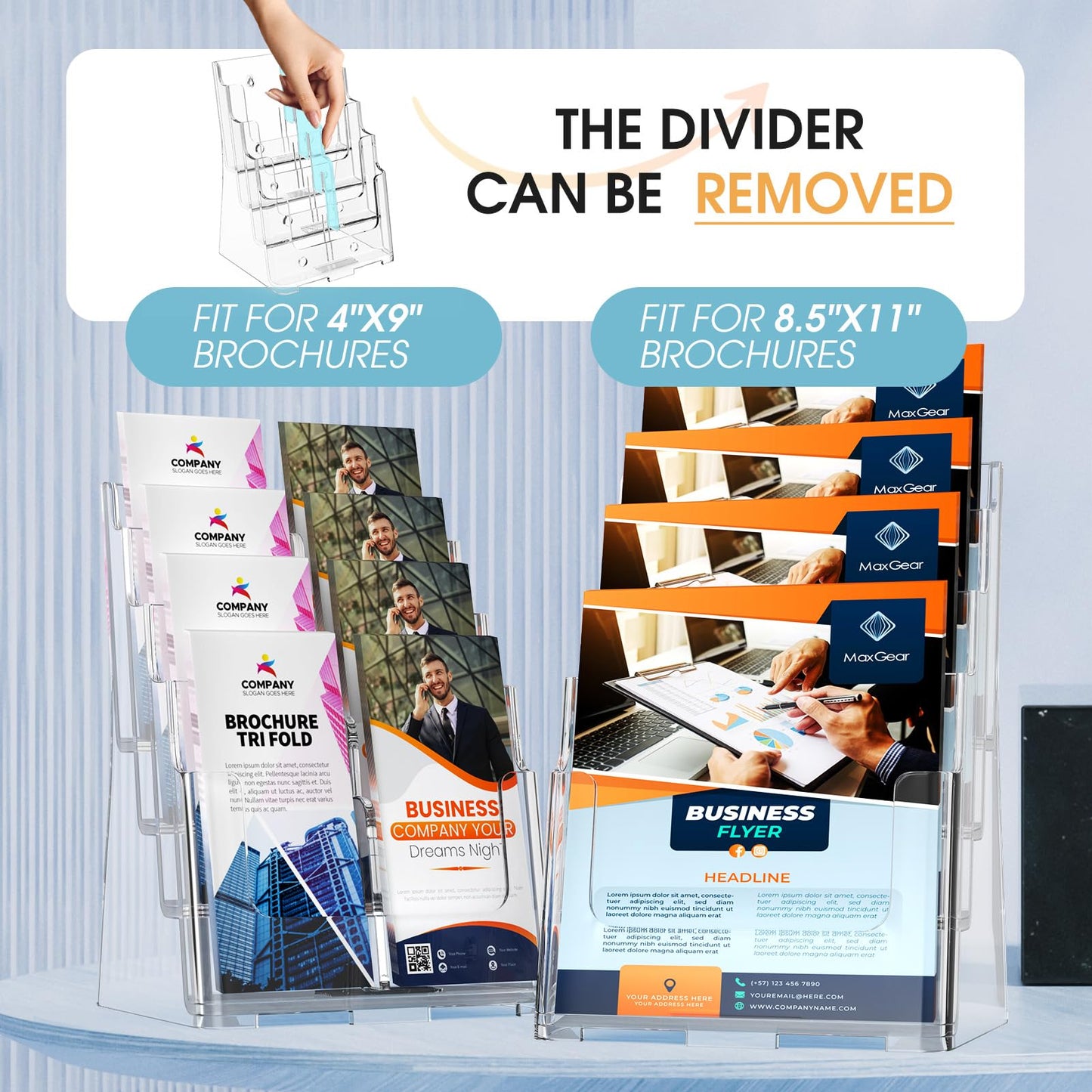 MaxGear Acrylic Brochure Holder 8.5 x 11 inch, 4 Tier Clear Literature Organizer Magazine Stand Display with Removable Divider for 4 x 9 inch Brochures, Pamphlet, Wall Mount or Countertop, 1 Pack
