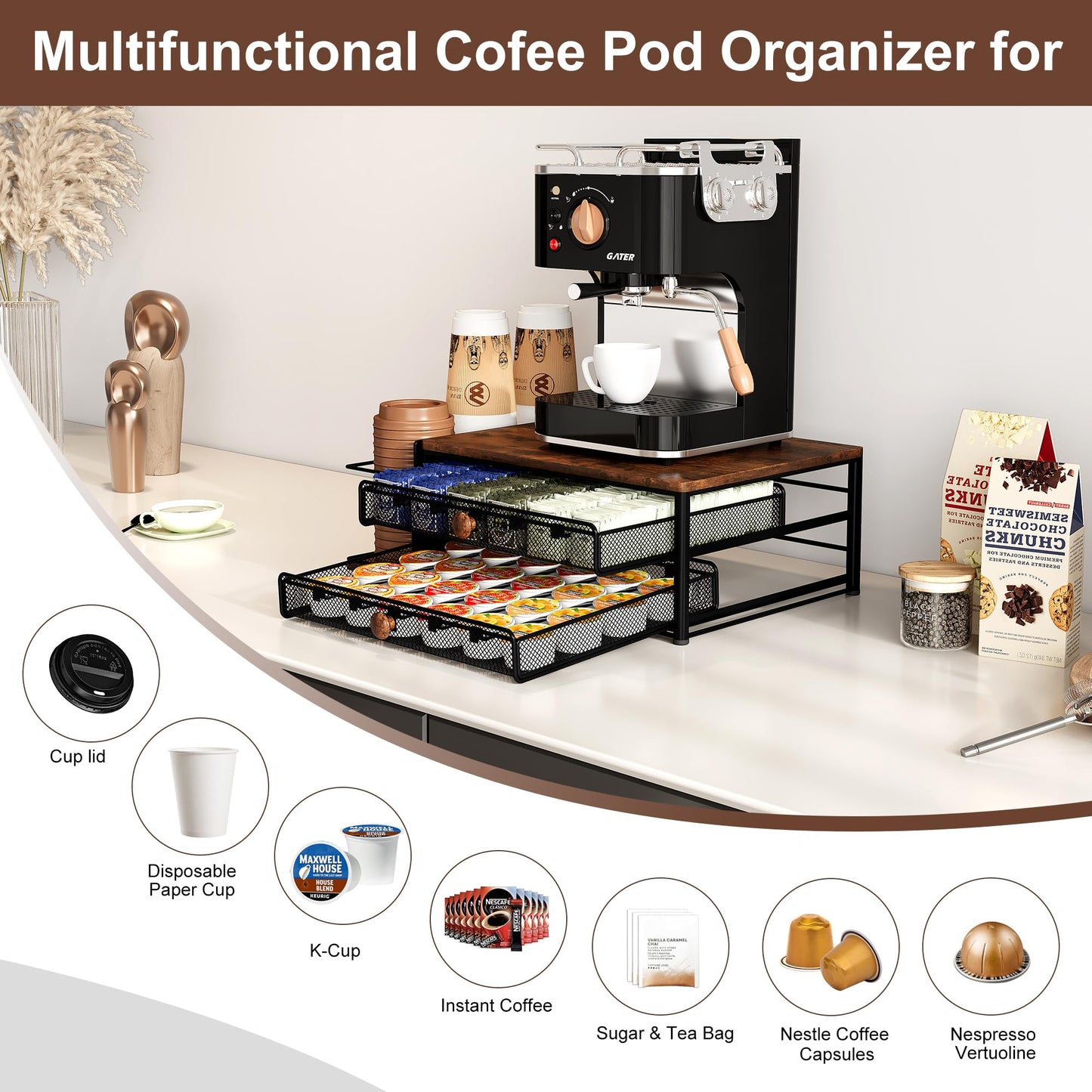 IZLIF Coffee Bar Organizer, 60 Capacity K Cup Organizer for Countertop, 2 Tier Sliding Coffee Pod Storage Drawer with Disposable Cup & Lid Holder, Black