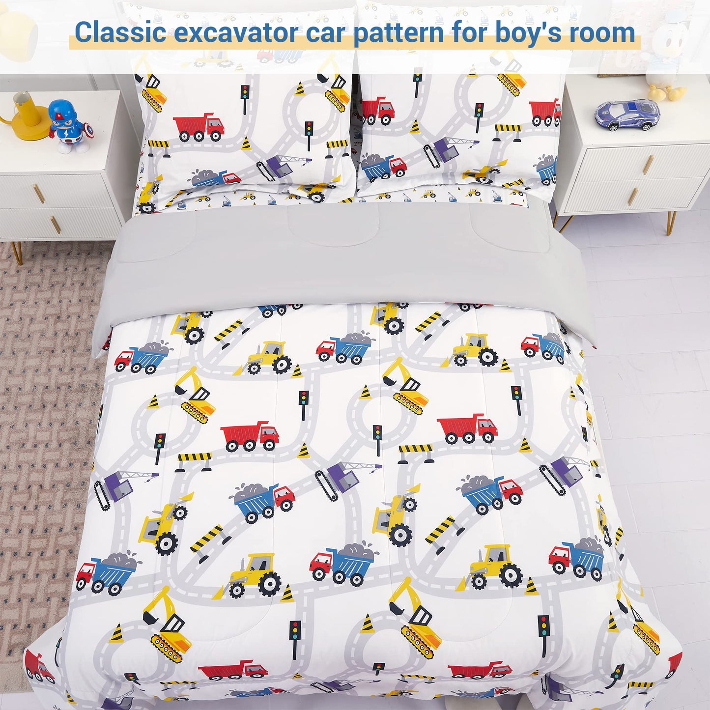 Viviland Twin Comforter Set for Boys - Kids Brushed Microfiber Twin Bedding Set - 5 Pieces Machine Washable Bed in A Bag with Soft Comforters, Sheet Set, Shams - Excavator Car Truck Printed