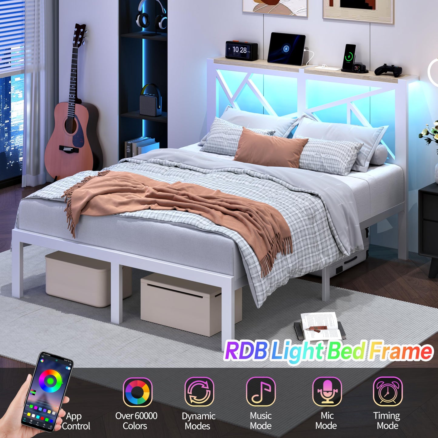 DynJest Queen Size Metal Bed Frame with LED Lights, Storage Headboard with Charging Station, Modern Queen Platform Bed with Heavy Duty Supports, No Box Spring Needed, Noise Free, Easy Assembly, White